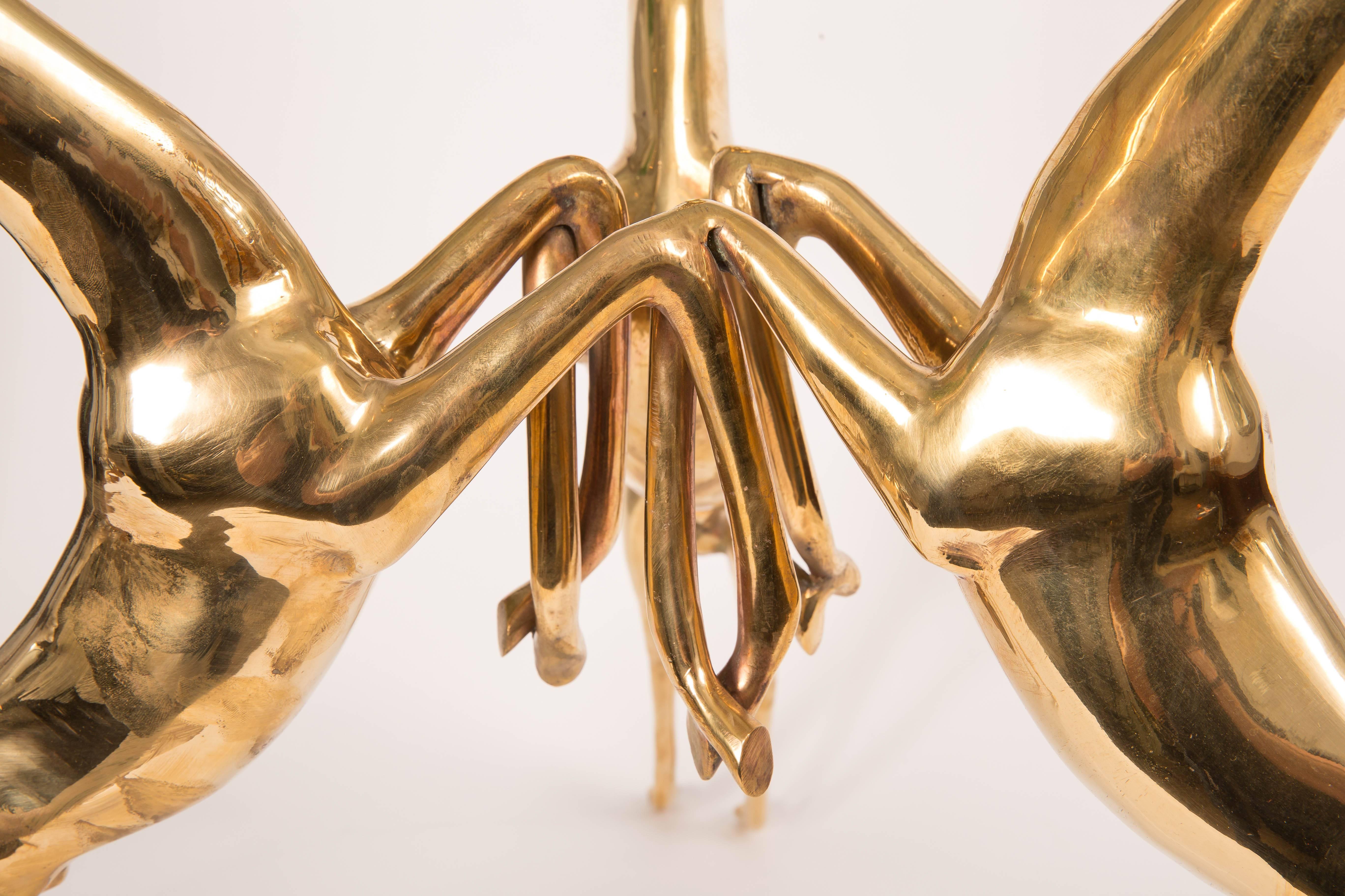 Pair of Glass Top Side Tables Featuring Brass Base Composed of Rearing Deer 1