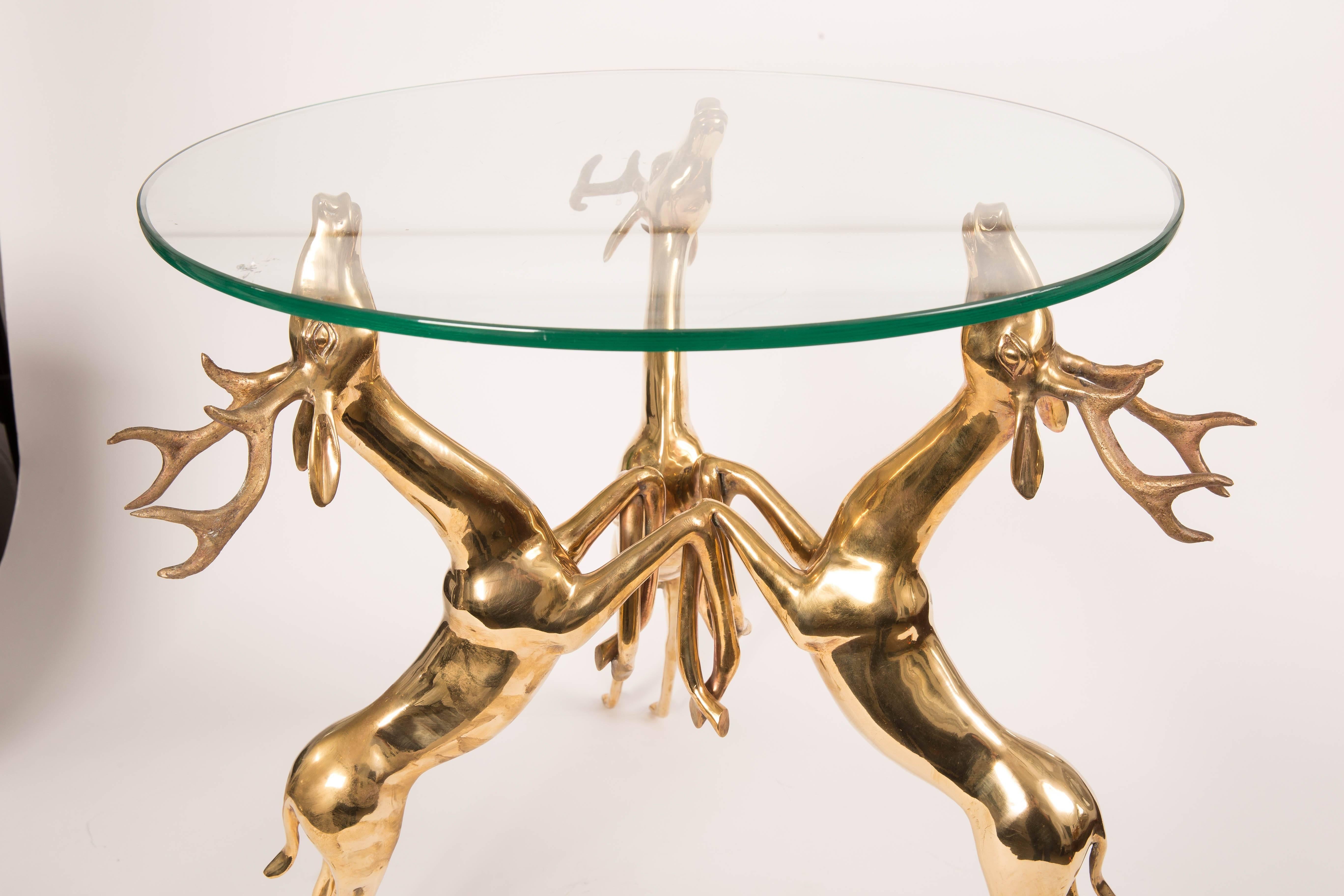 Pair of Glass Top Side Tables Featuring Brass Base Composed of Rearing Deer 3