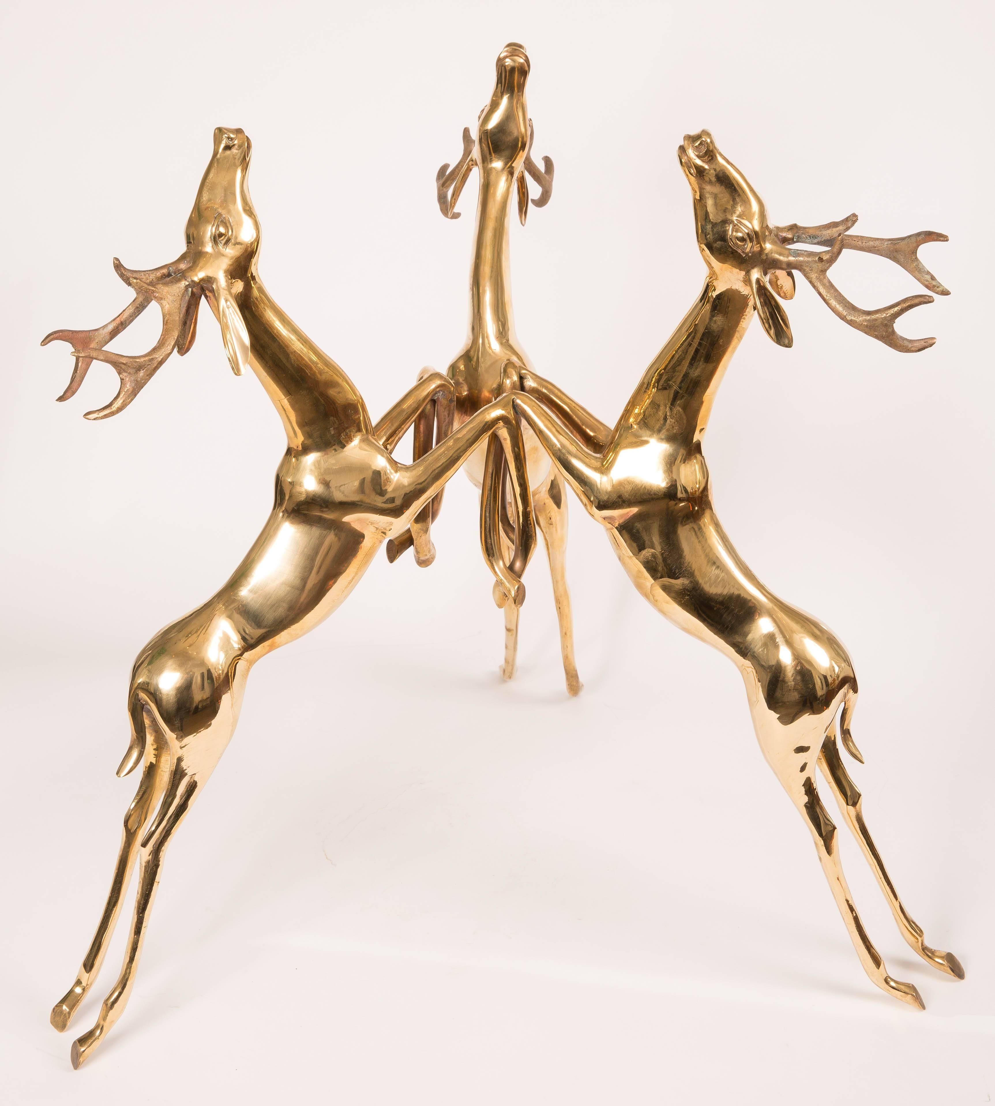 Pair of Glass Top Side Tables Featuring Brass Base Composed of Rearing Deer 4