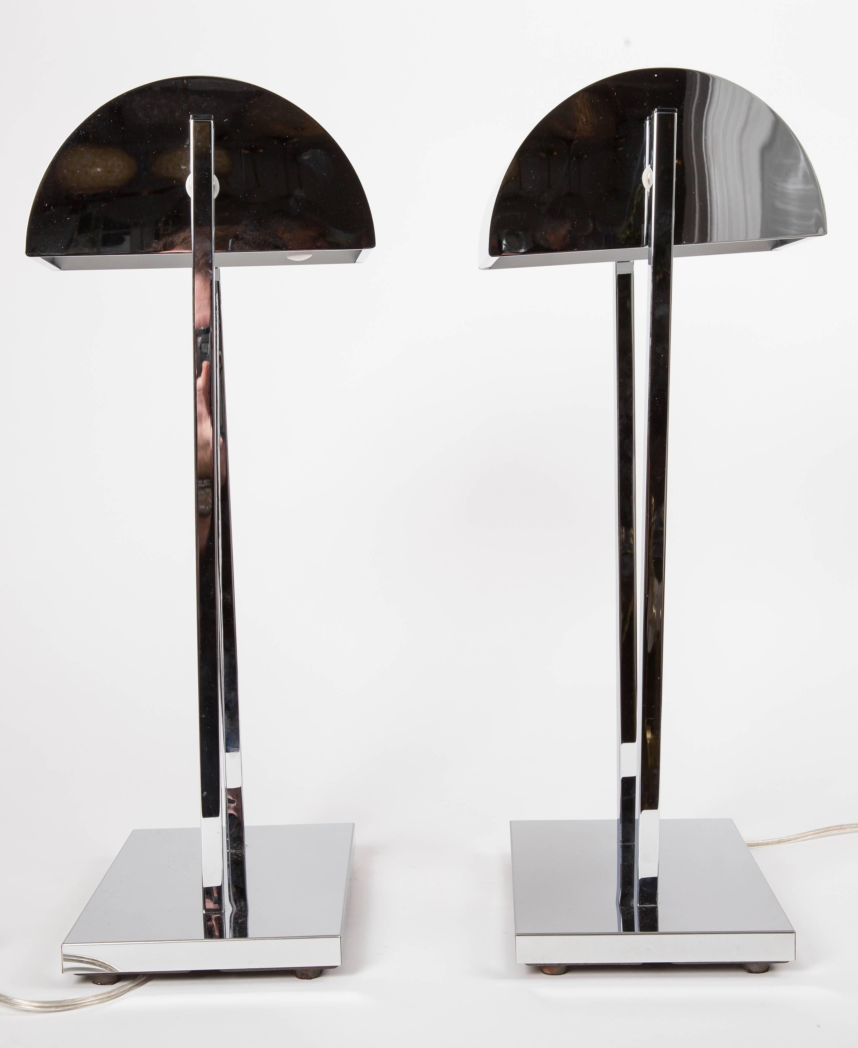 Pair of Chrome Table Lamps with Rotating Canopy and Dimmer by Kovacs In Excellent Condition For Sale In Bridgehampton, NY