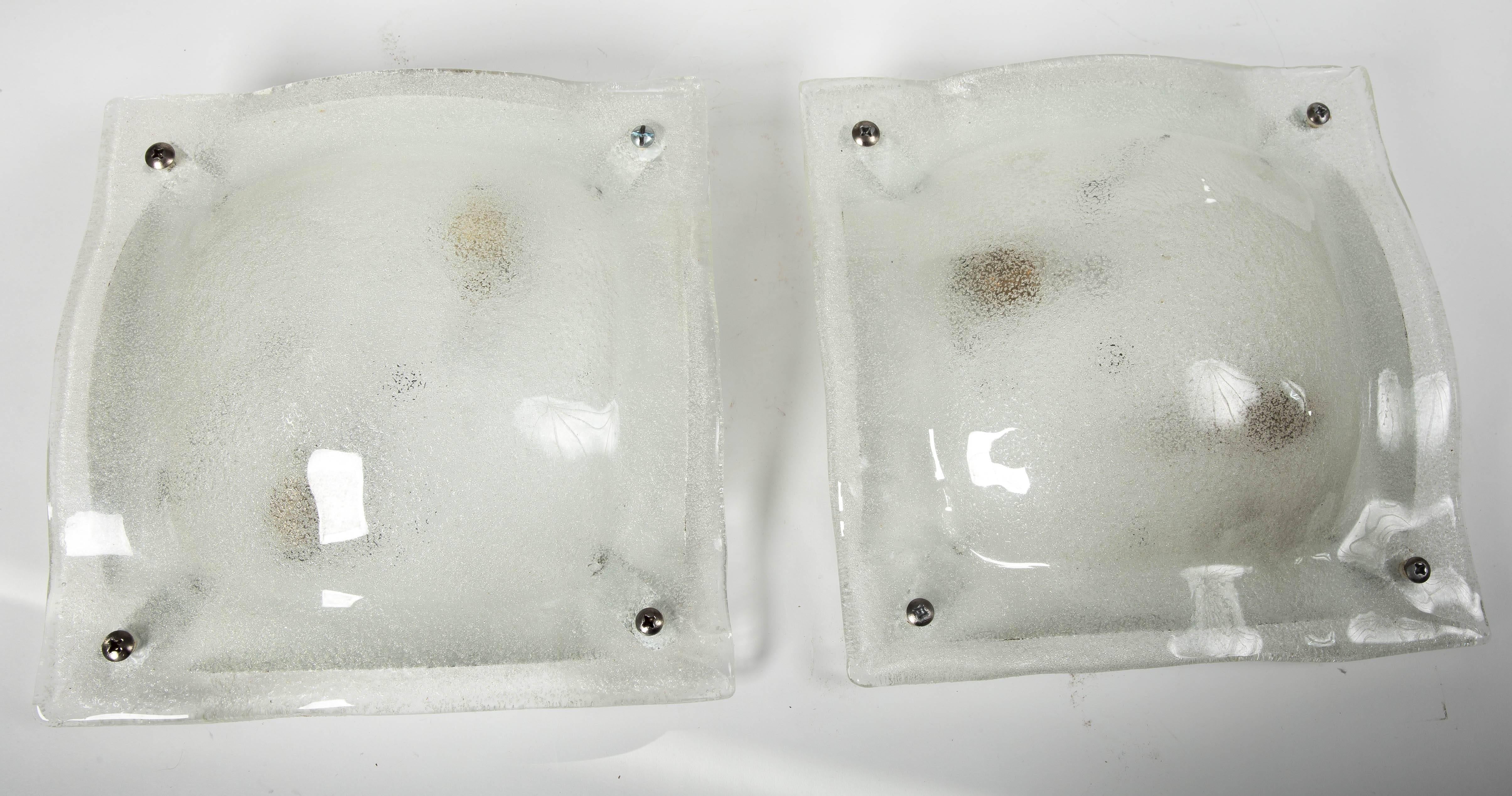 Pair of Clear and White Lattimo Glass Convex Square Sconces by Vistosi In Excellent Condition In Bridgehampton, NY