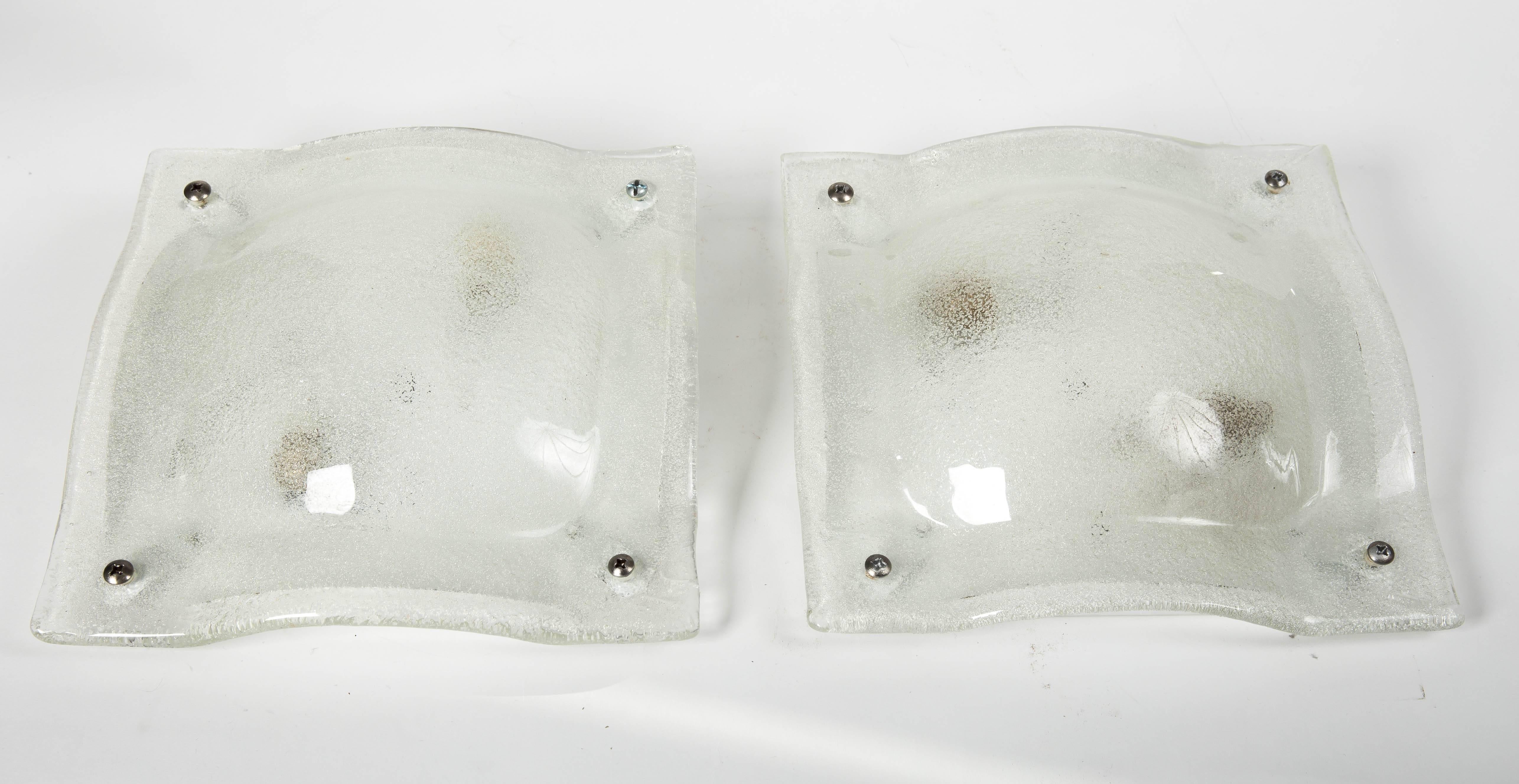 Metal Pair of Clear and White Lattimo Glass Convex Square Sconces by Vistosi