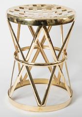 Pair of Brass Drum Form Stools with Cross Design Supports and Lattice Tops
