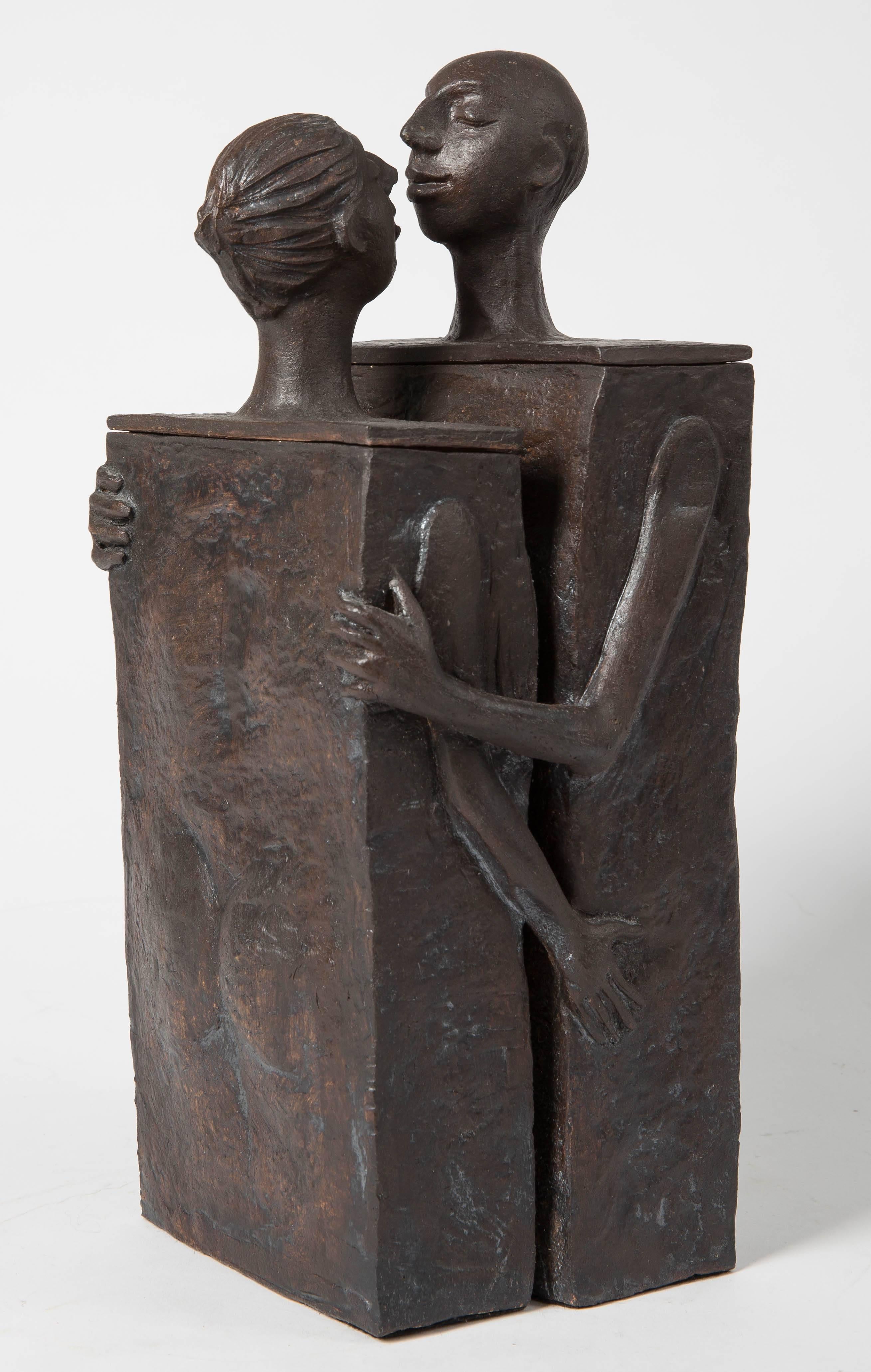 American Embracing Male and Female Ceramic Figural Lidded Box Sculpture
