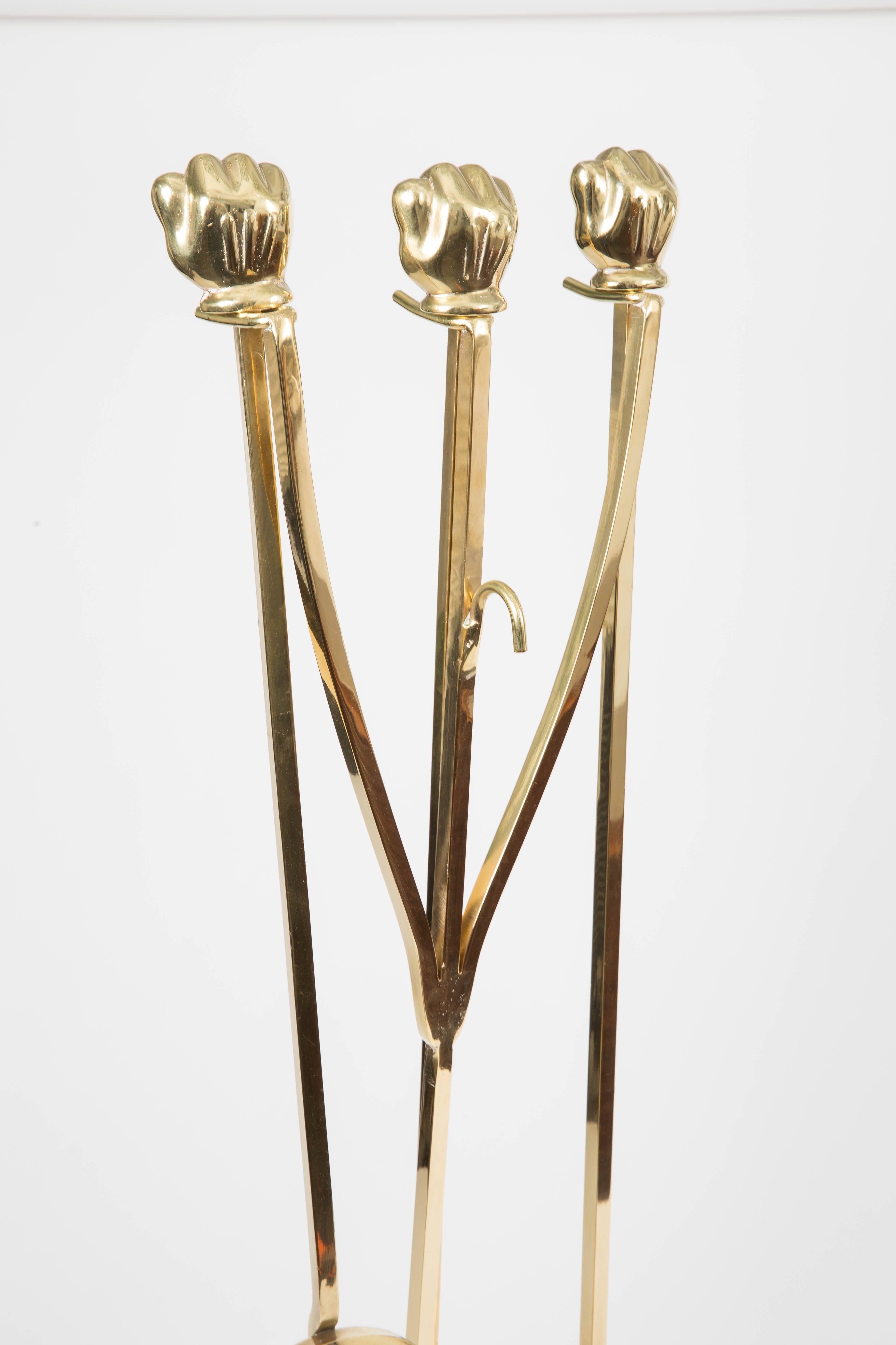American Four-Piece Set of Brass Fire Tools with 