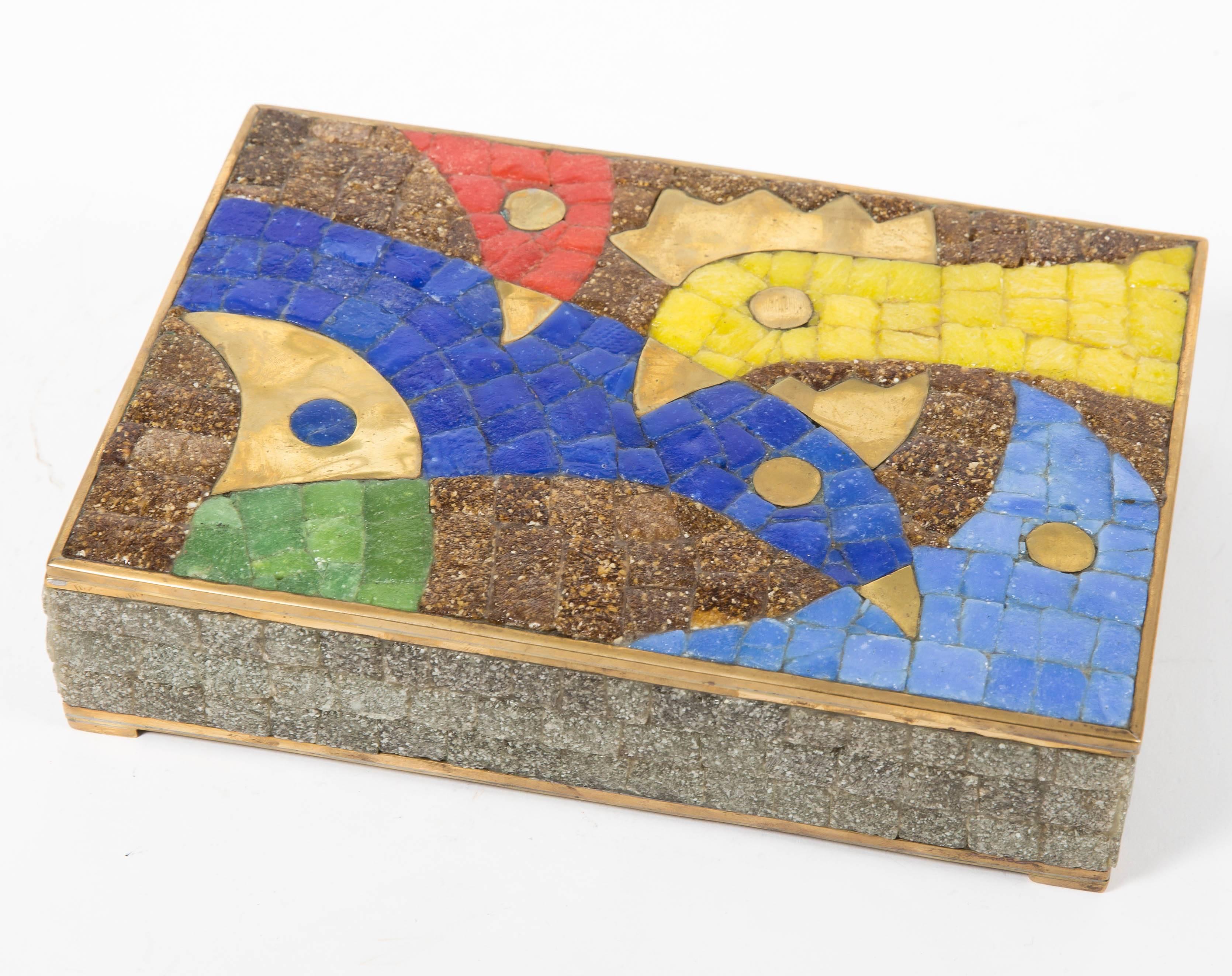 Mid-Century Modern Brass Box with Colorful Inlaid Stone Bird Mosaic by Salvador Teran