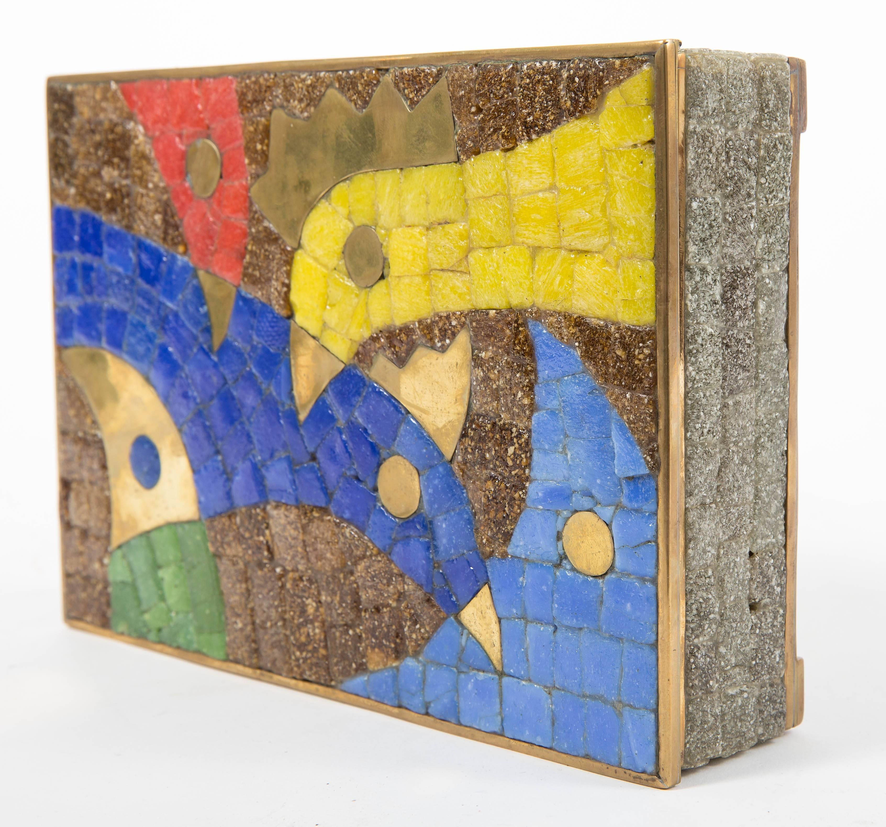 Brass Box with Colorful Inlaid Stone Bird Mosaic by Salvador Teran 1