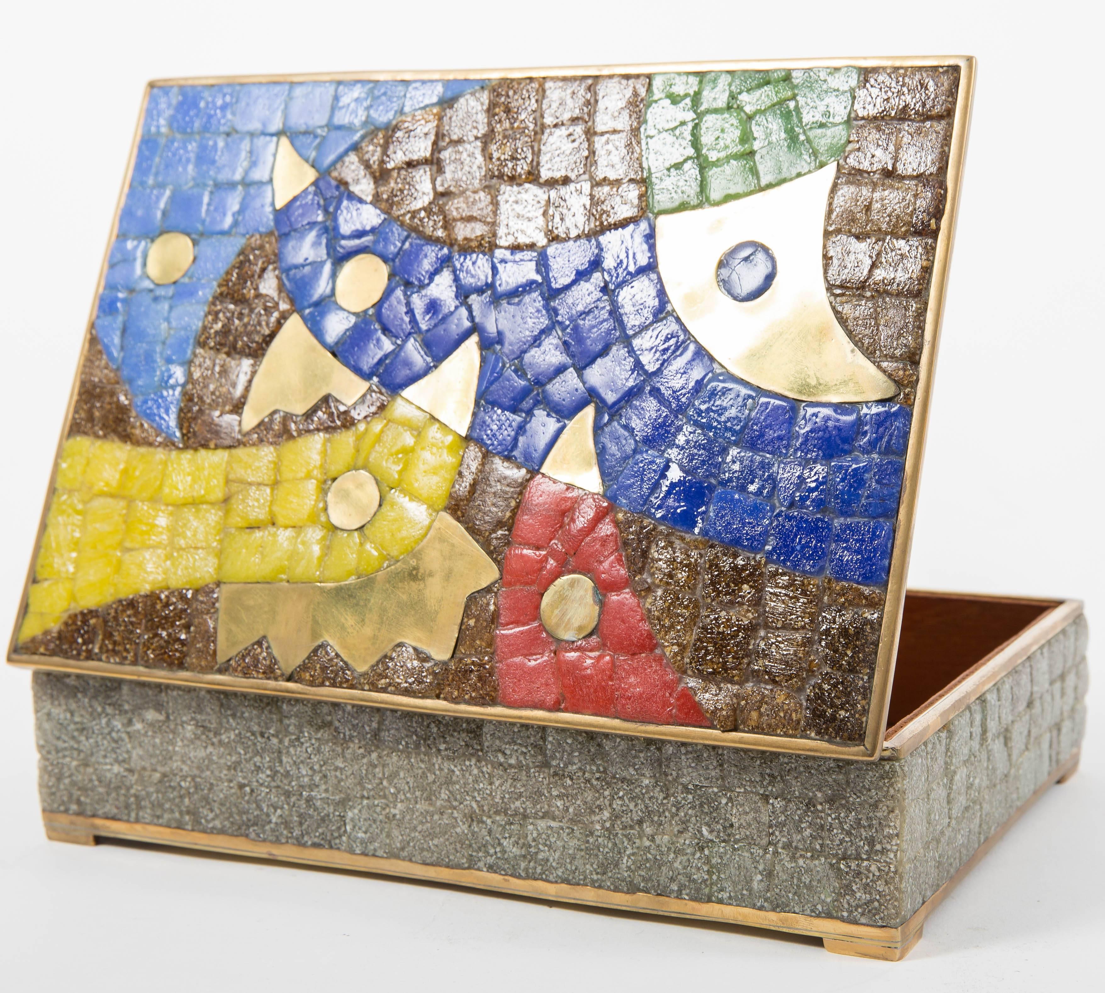 Brass Box with Colorful Inlaid Stone Bird Mosaic by Salvador Teran 3