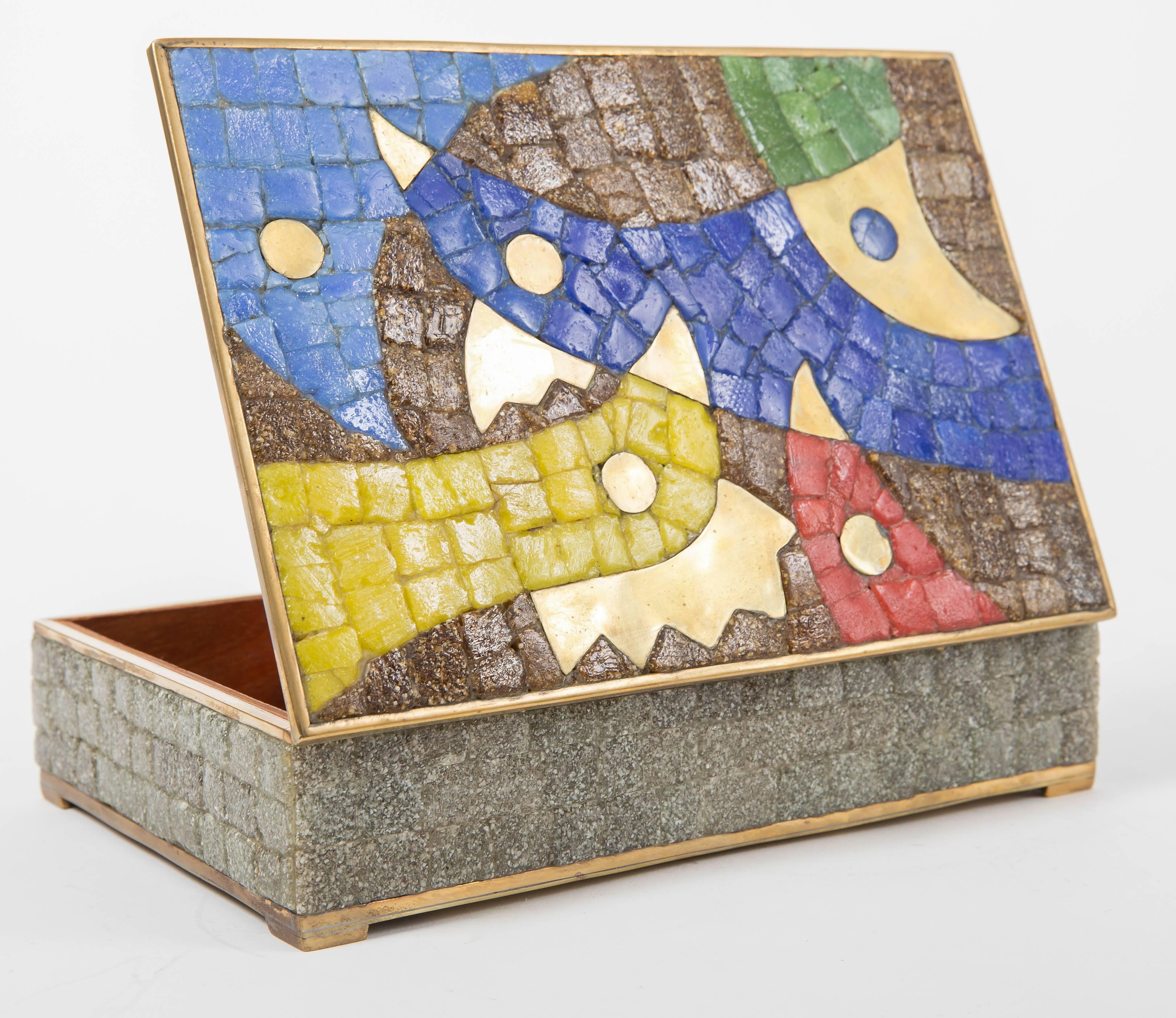 Brass Box with Colorful Inlaid Stone Bird Mosaic by Salvador Teran 4