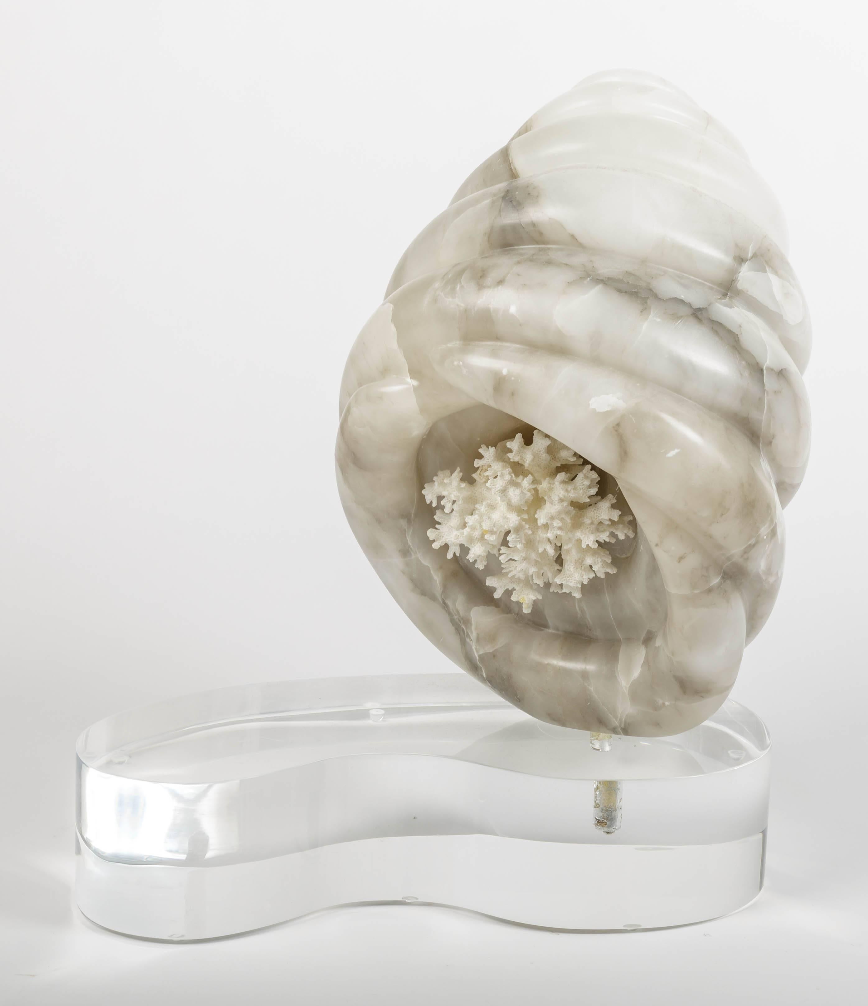 Marble shell form sculpture on a Lucite base with coral interior.