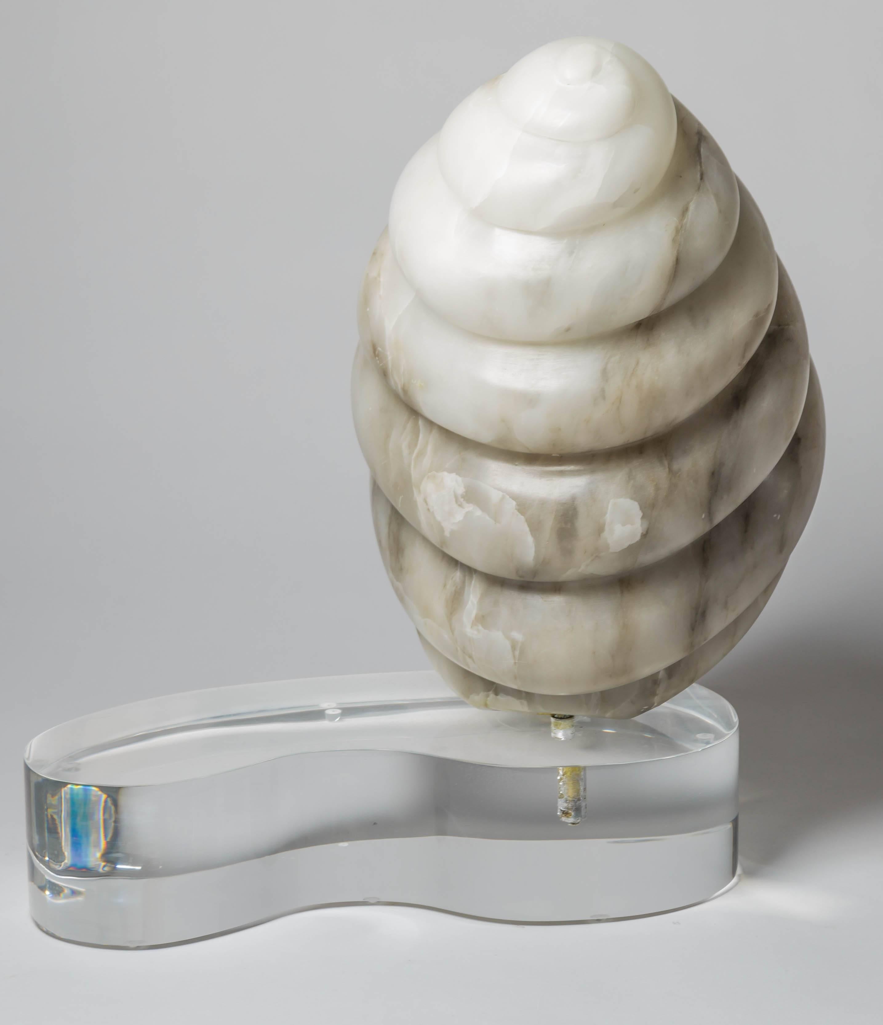 Mid-Century Modern Marble Shell Form Sculpture on a Lucite Base with Coral Interior For Sale