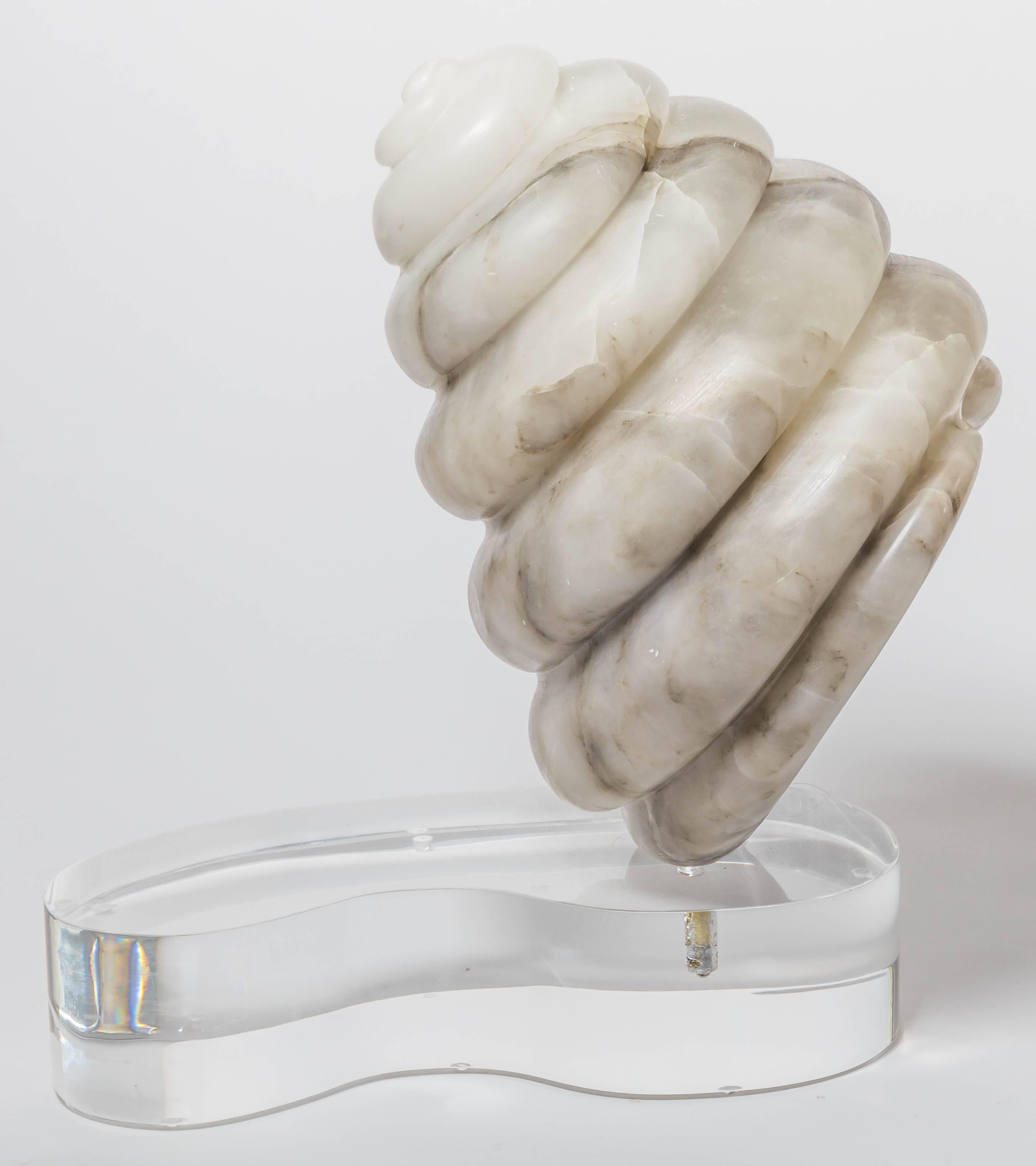 Italian Marble Shell Form Sculpture on a Lucite Base with Coral Interior For Sale