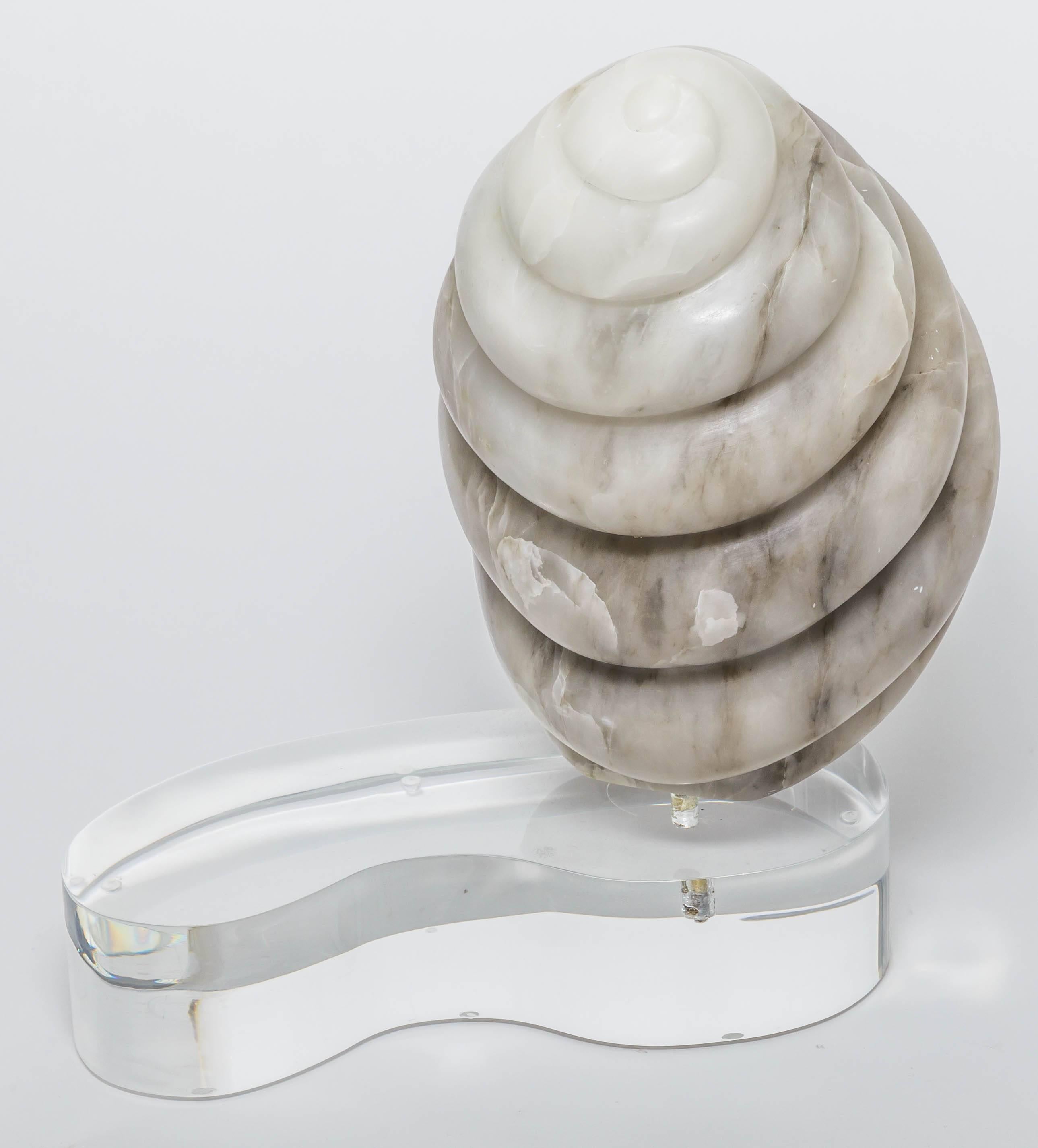 Marble Shell Form Sculpture on a Lucite Base with Coral Interior For Sale 1