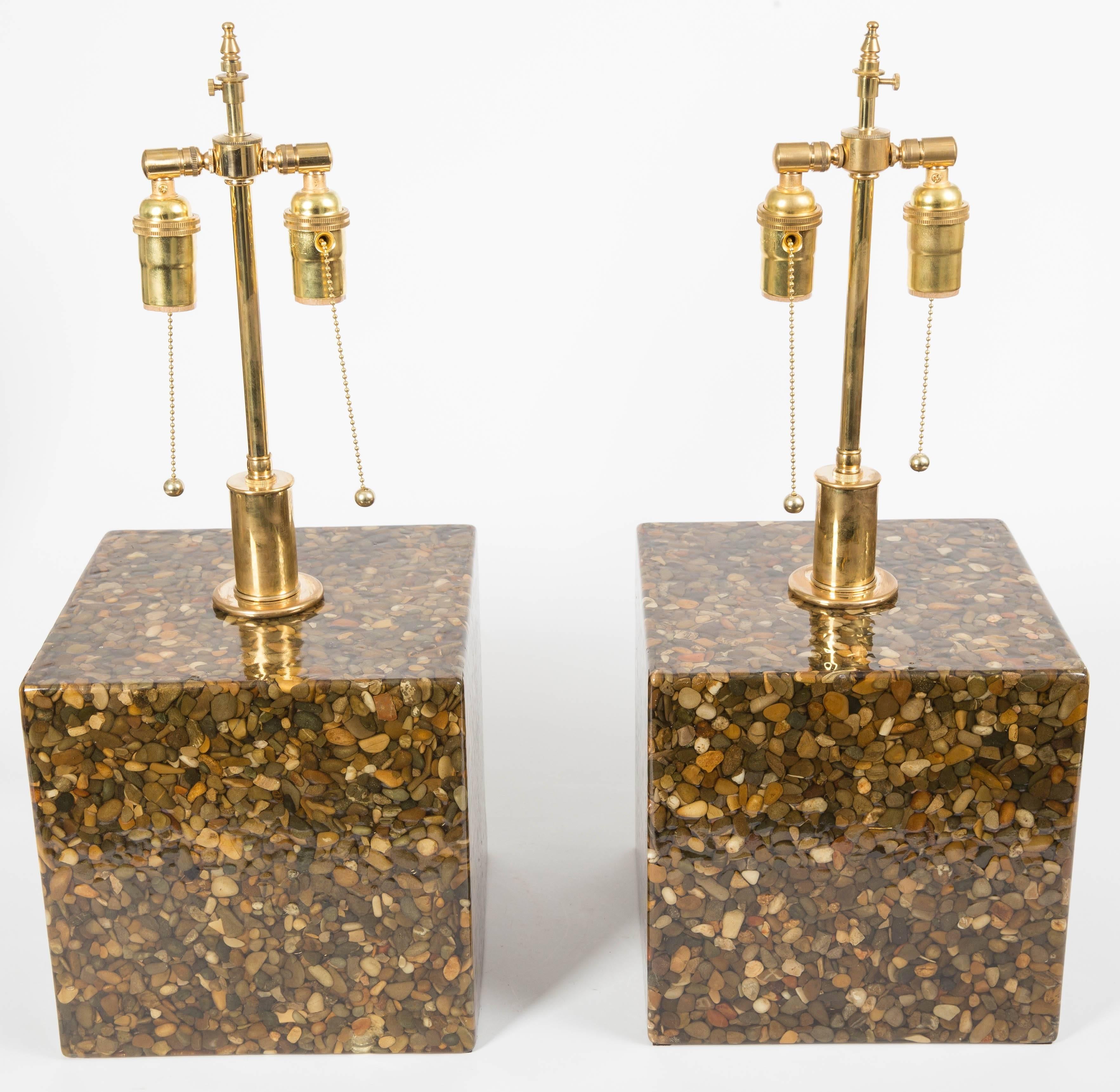 Pair of Cubic Resin and Pebble Lamps with Brass Hardware 2