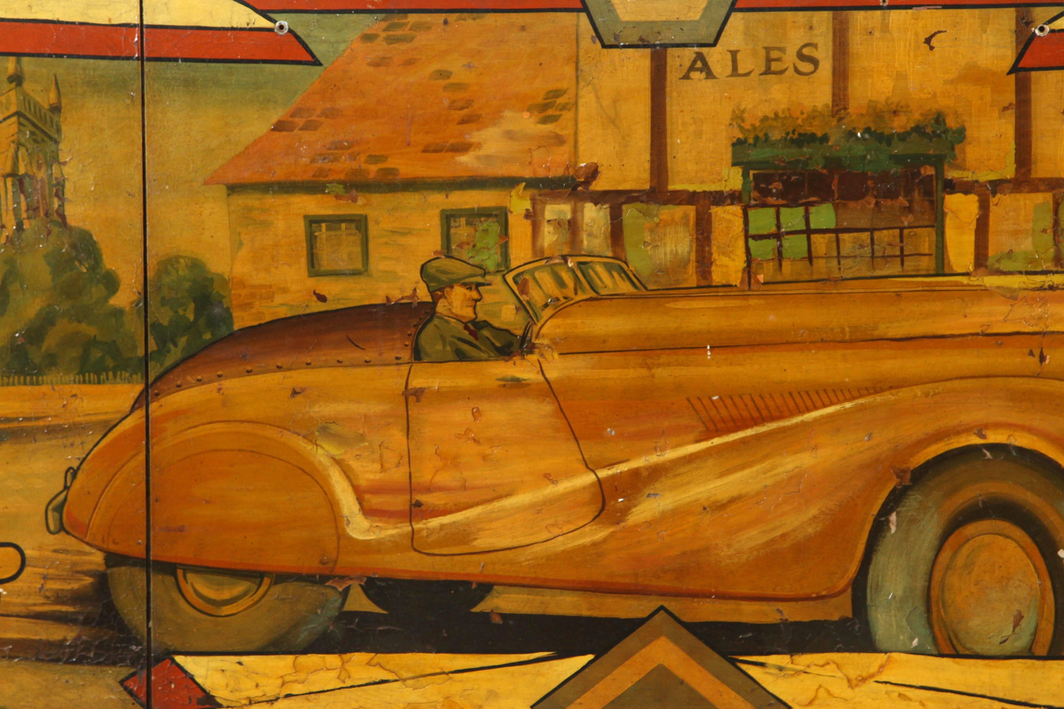 Fantastic early hand-painted carnival rounding board with a great automobile and pub theme. Most likely from the UK and likely Spooner. This would have been one of a series of panels that would be installed around the upper part of the ride. Please