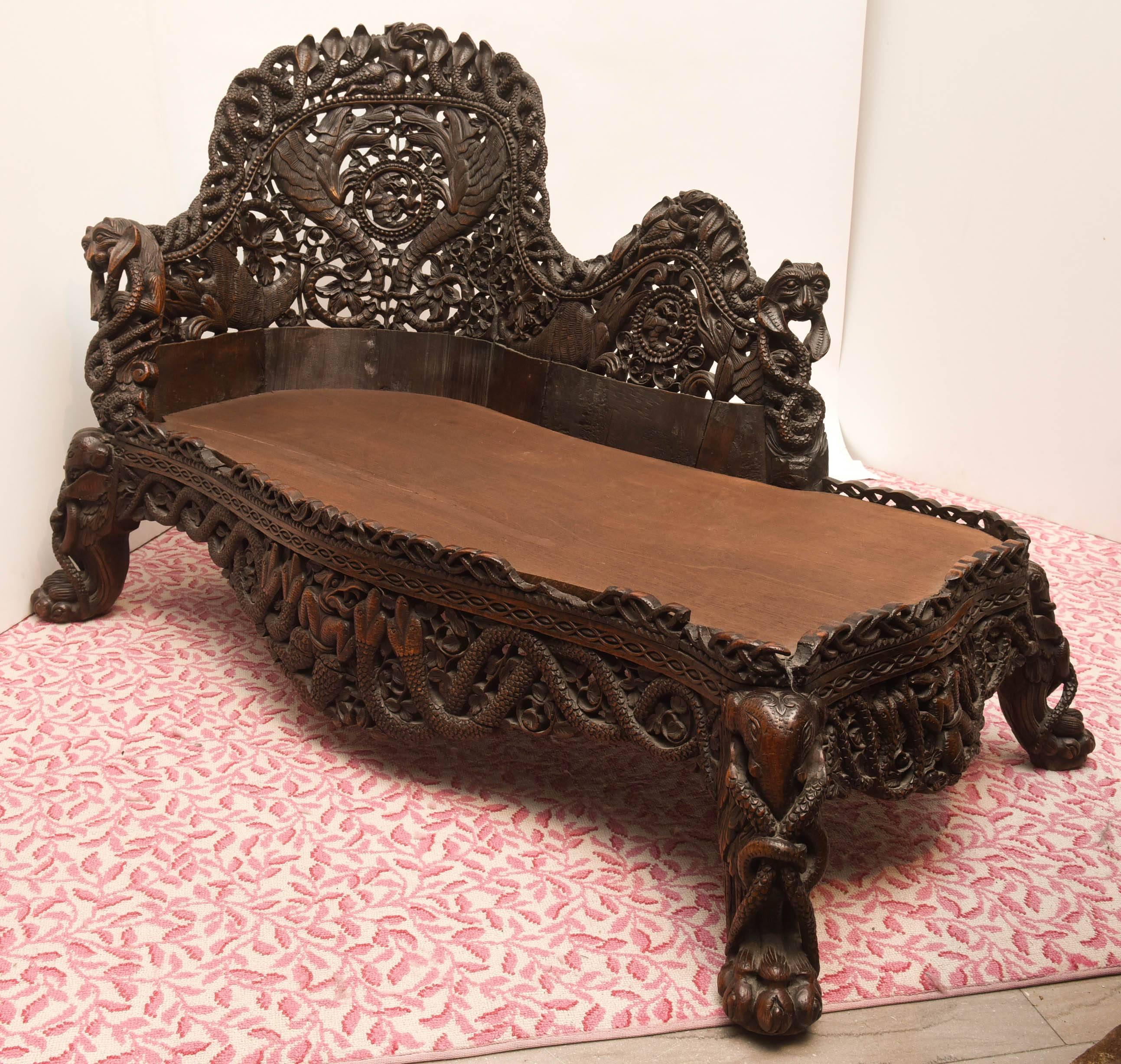 Hand-Carved Rare and Important Anglo-Indian Carved Palace Chaise