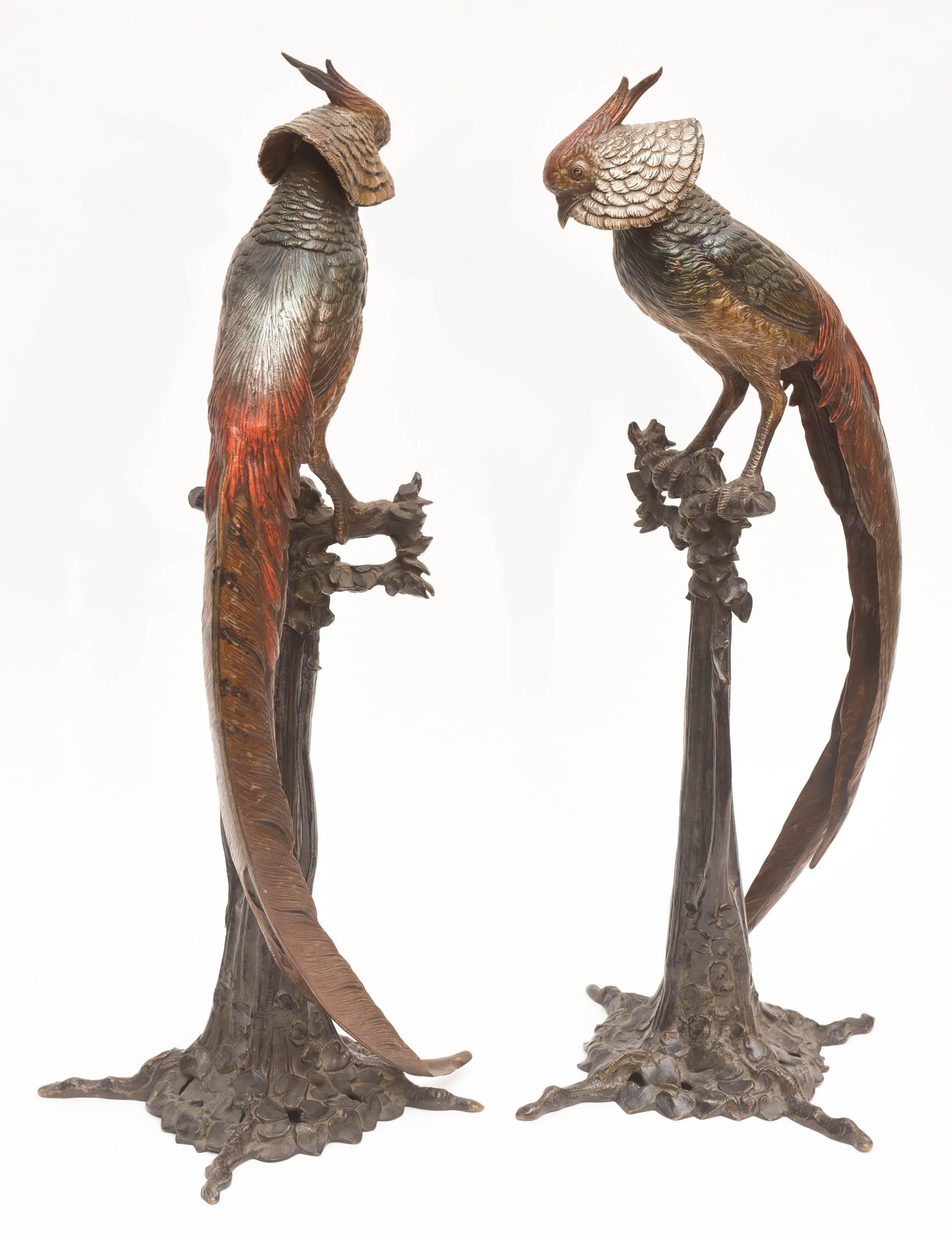 Polychromed Pair of Art Deco Bronze Figures of Pheasants