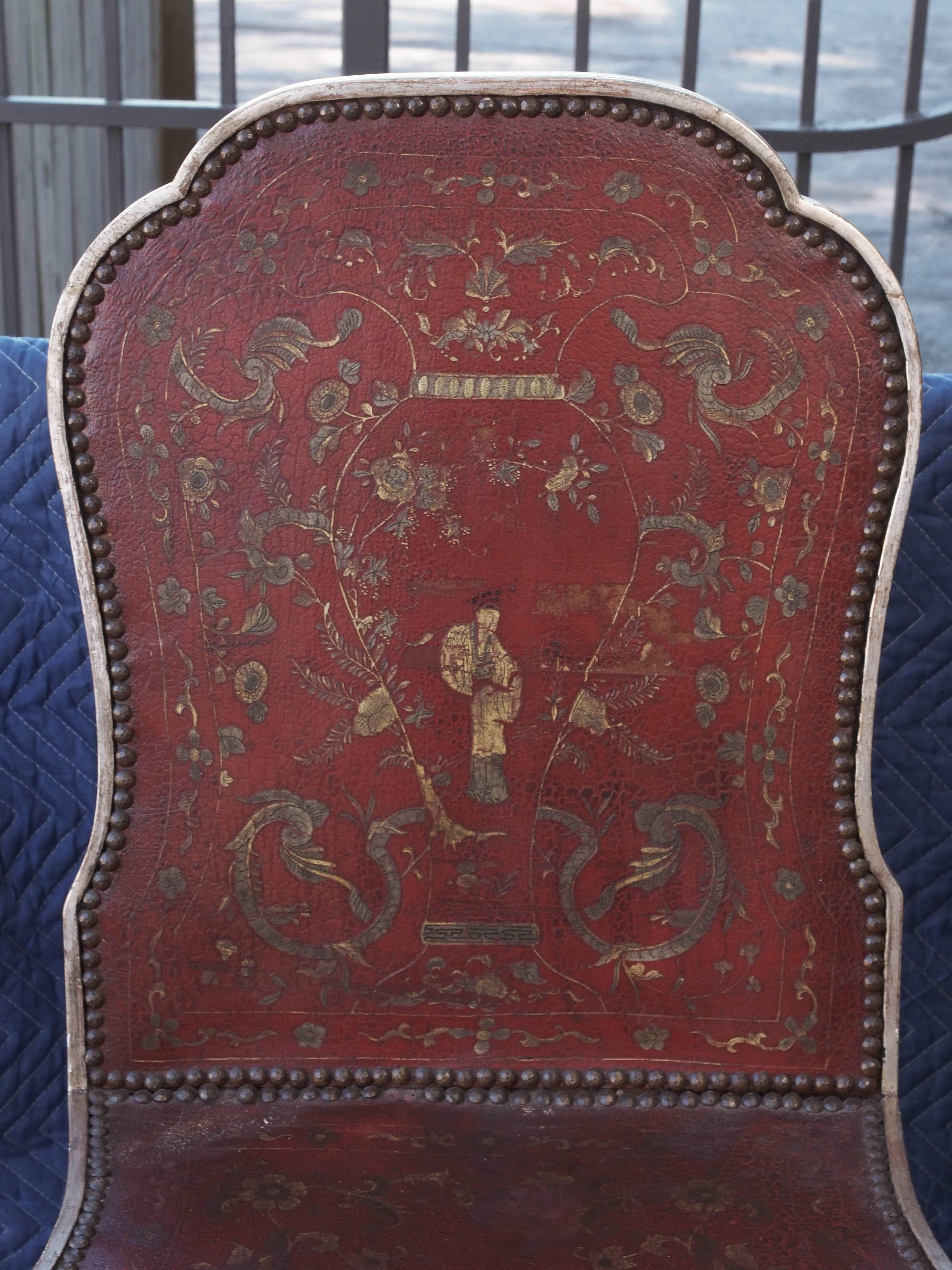 Italian Two Sets of Four Silver Gilt Chairs with Chinoisorie Leather Seats and Backs