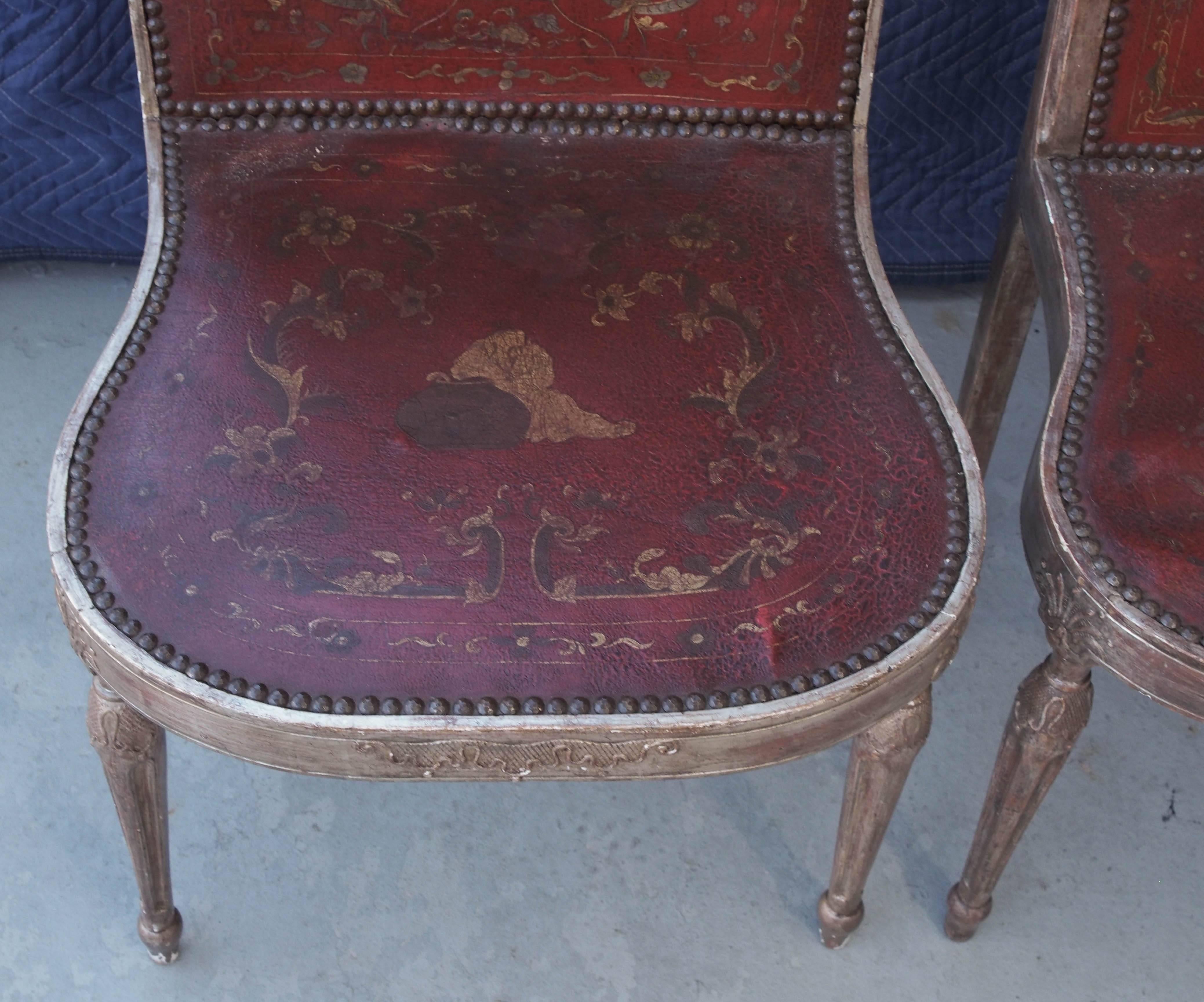 Two Sets of Four Silver Gilt Chairs with Chinoisorie Leather Seats and Backs In Good Condition In Natchez, MS