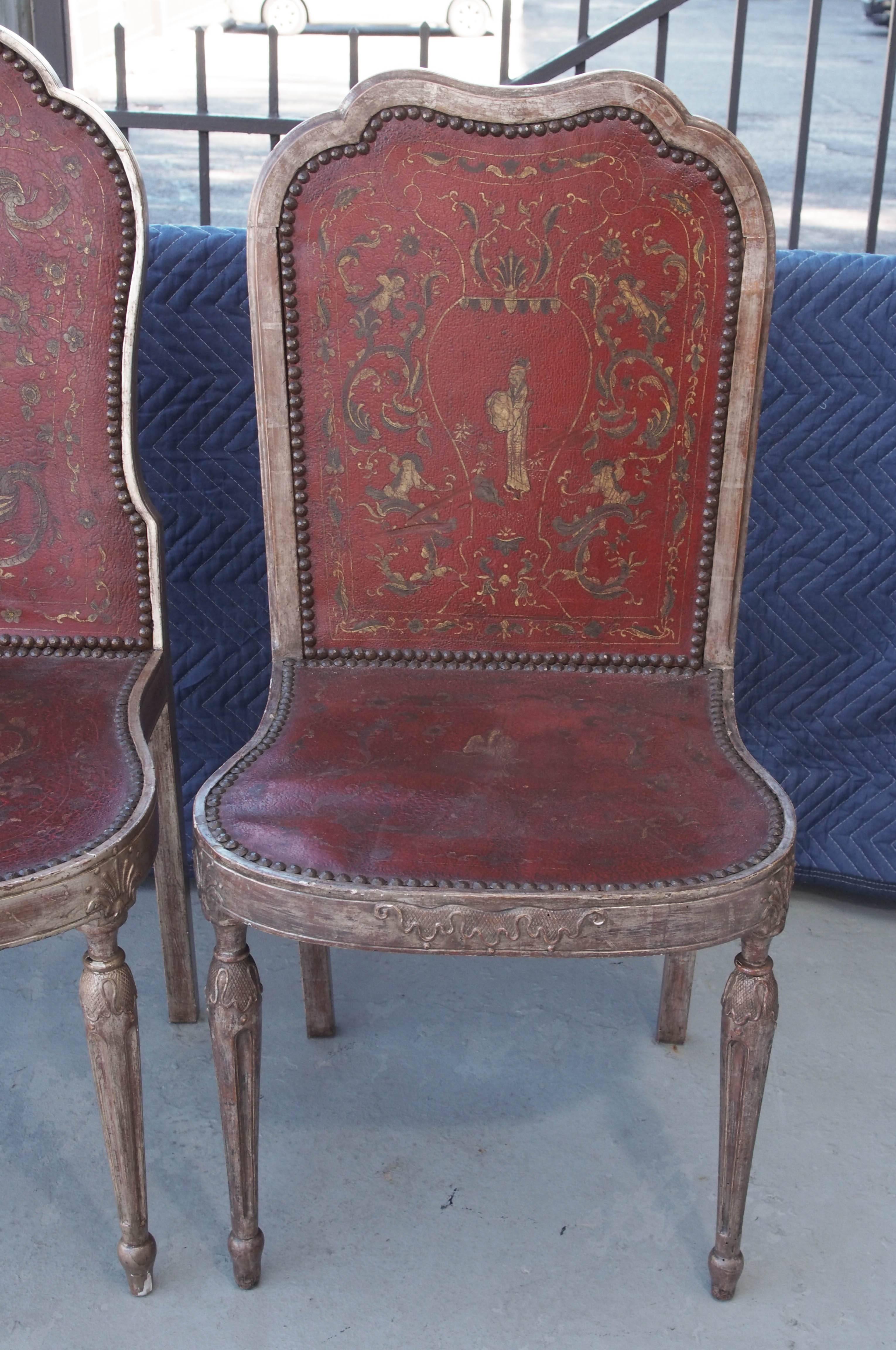 19th Century Two Sets of Four Silver Gilt Chairs with Chinoisorie Leather Seats and Backs