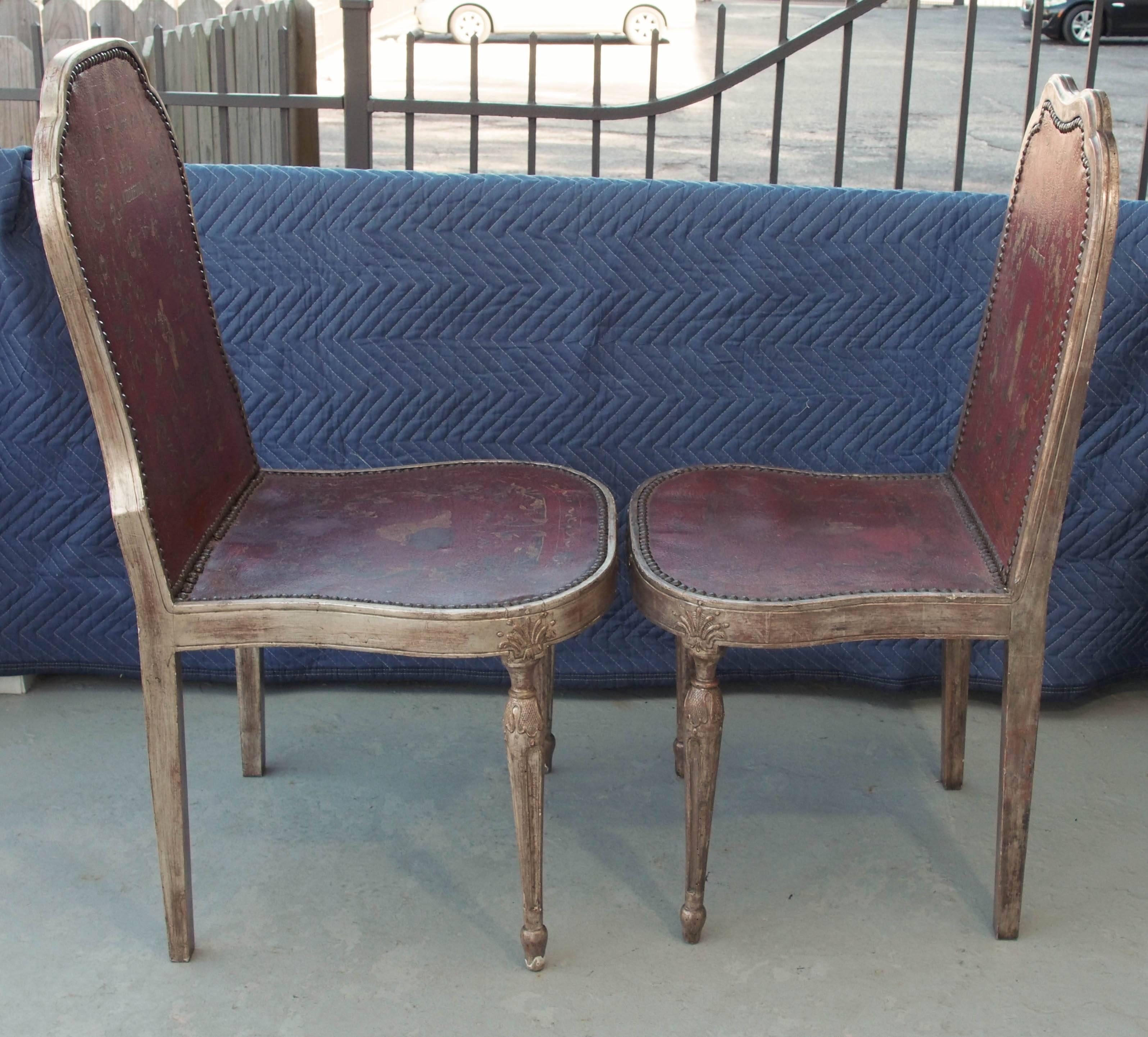 Two Sets of Four Silver Gilt Chairs with Chinoisorie Leather Seats and Backs 3