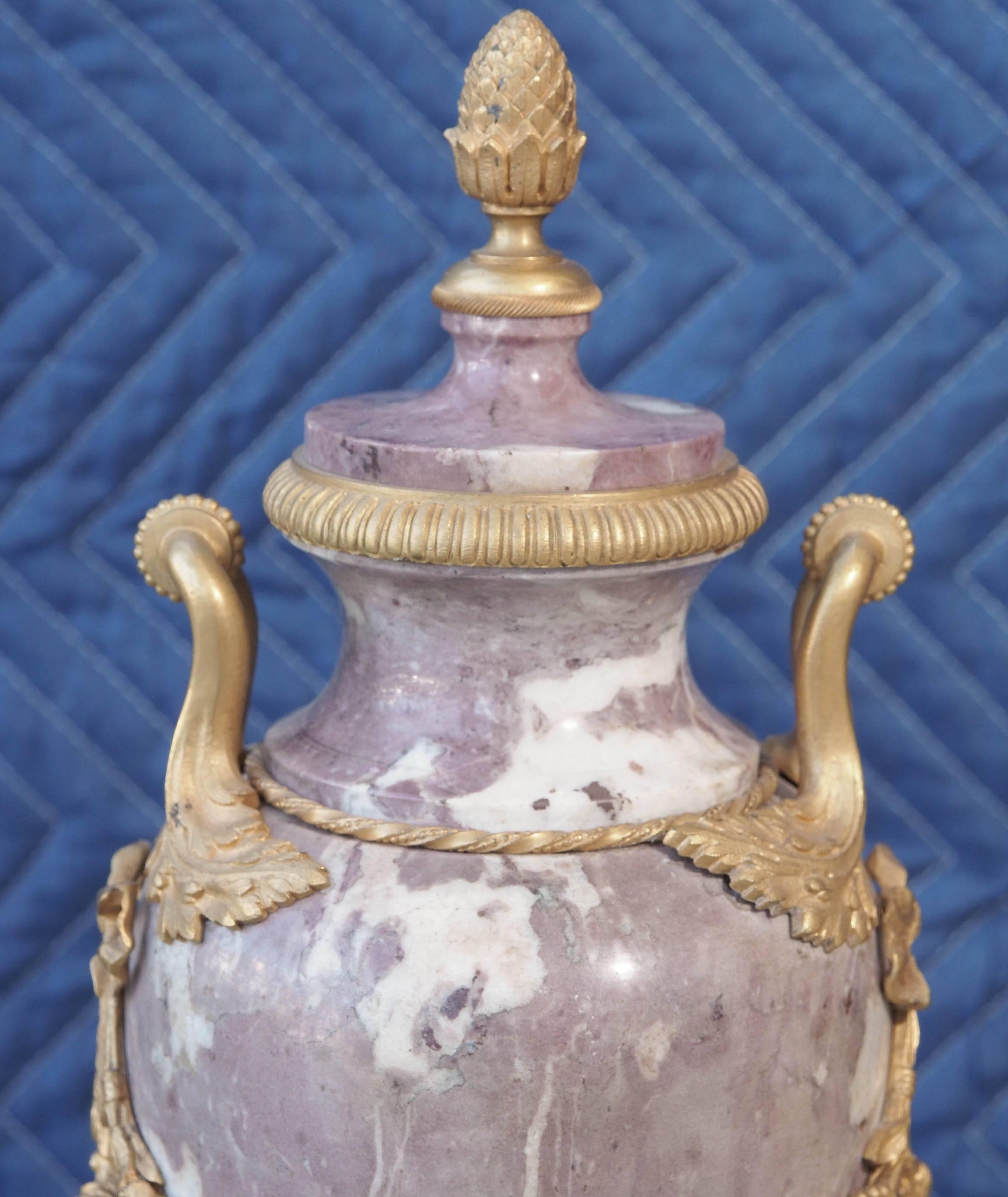 French Pair of Gilt Bronze-Mounted Marble Garniture Urns For Sale