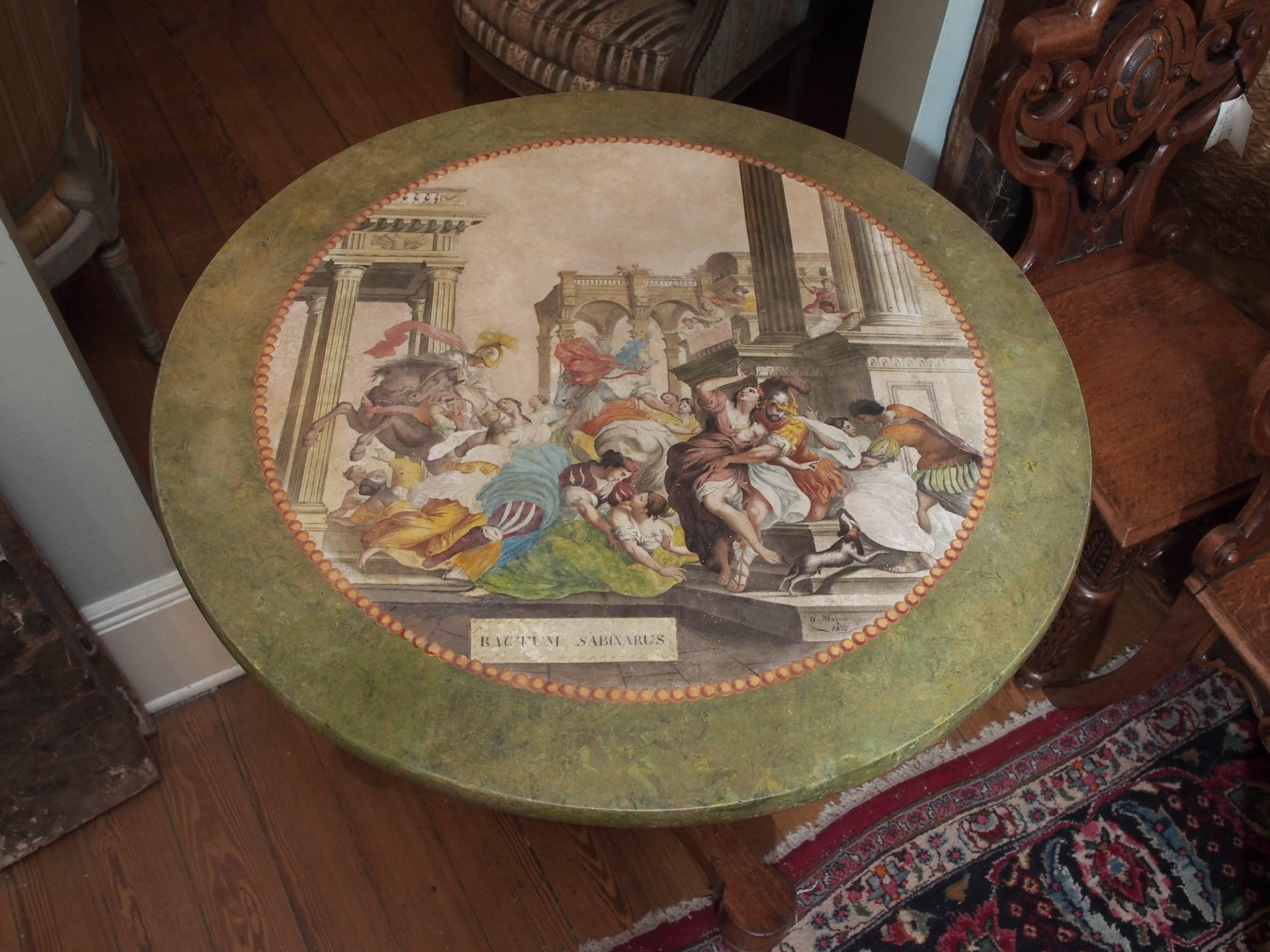 Painted Scagliola Table top with walnut base. Scene is an adaptation of the 