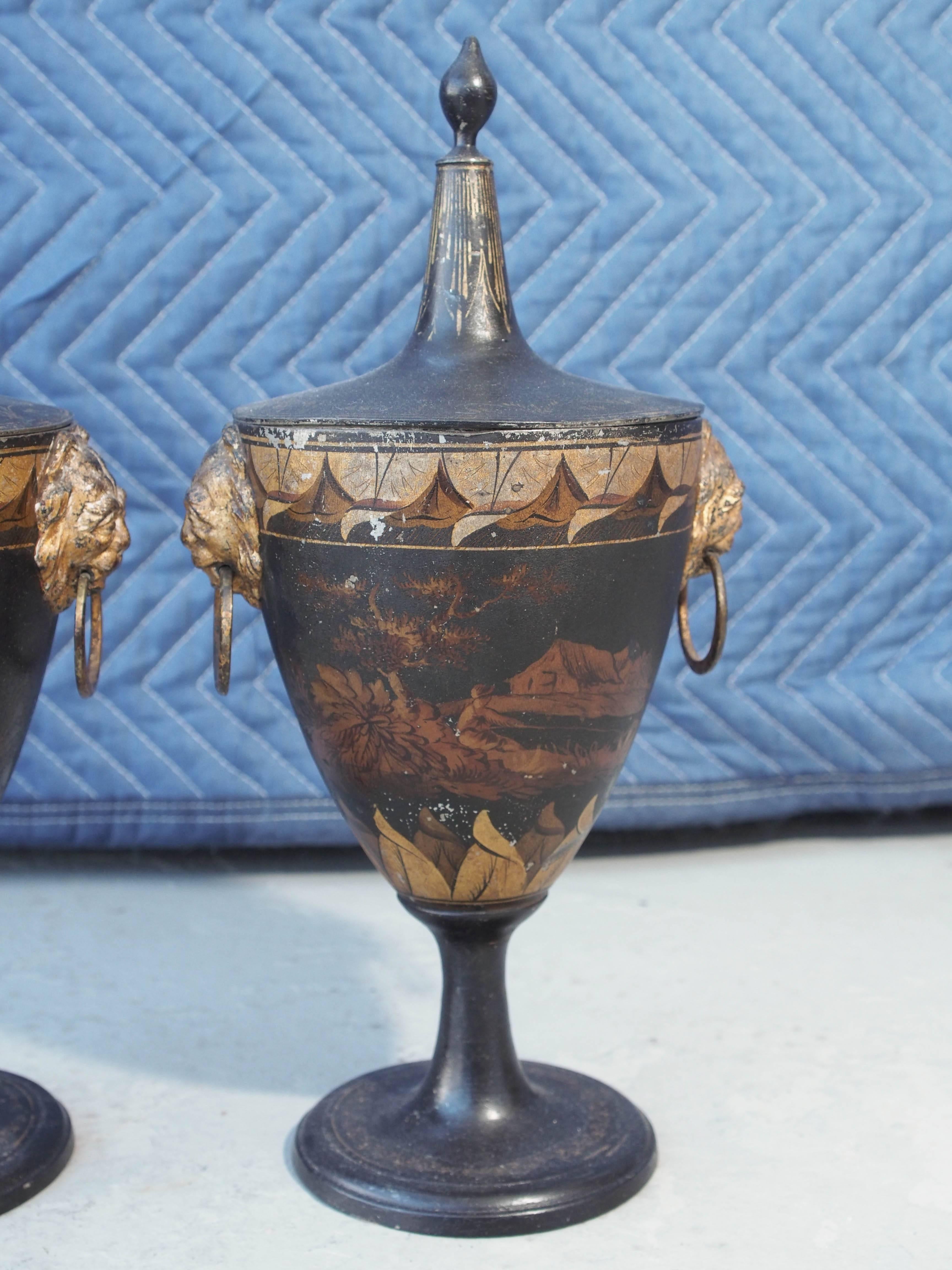 French Pair of Tole Painted and Gilt Covered Chestnut Urns For Sale