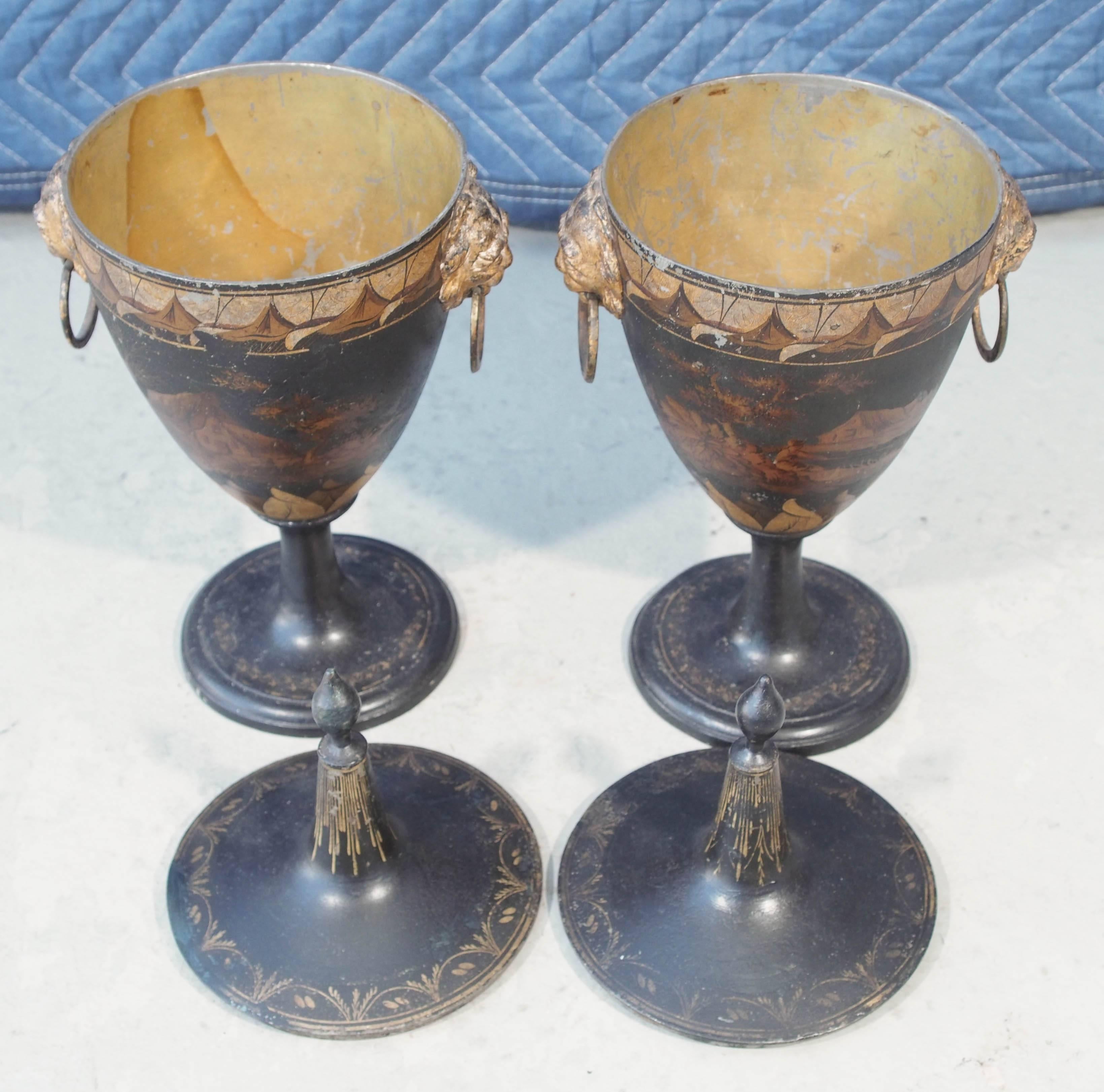 Pair of Tole Painted and Gilt Covered Chestnut Urns In Good Condition For Sale In Natchez, MS