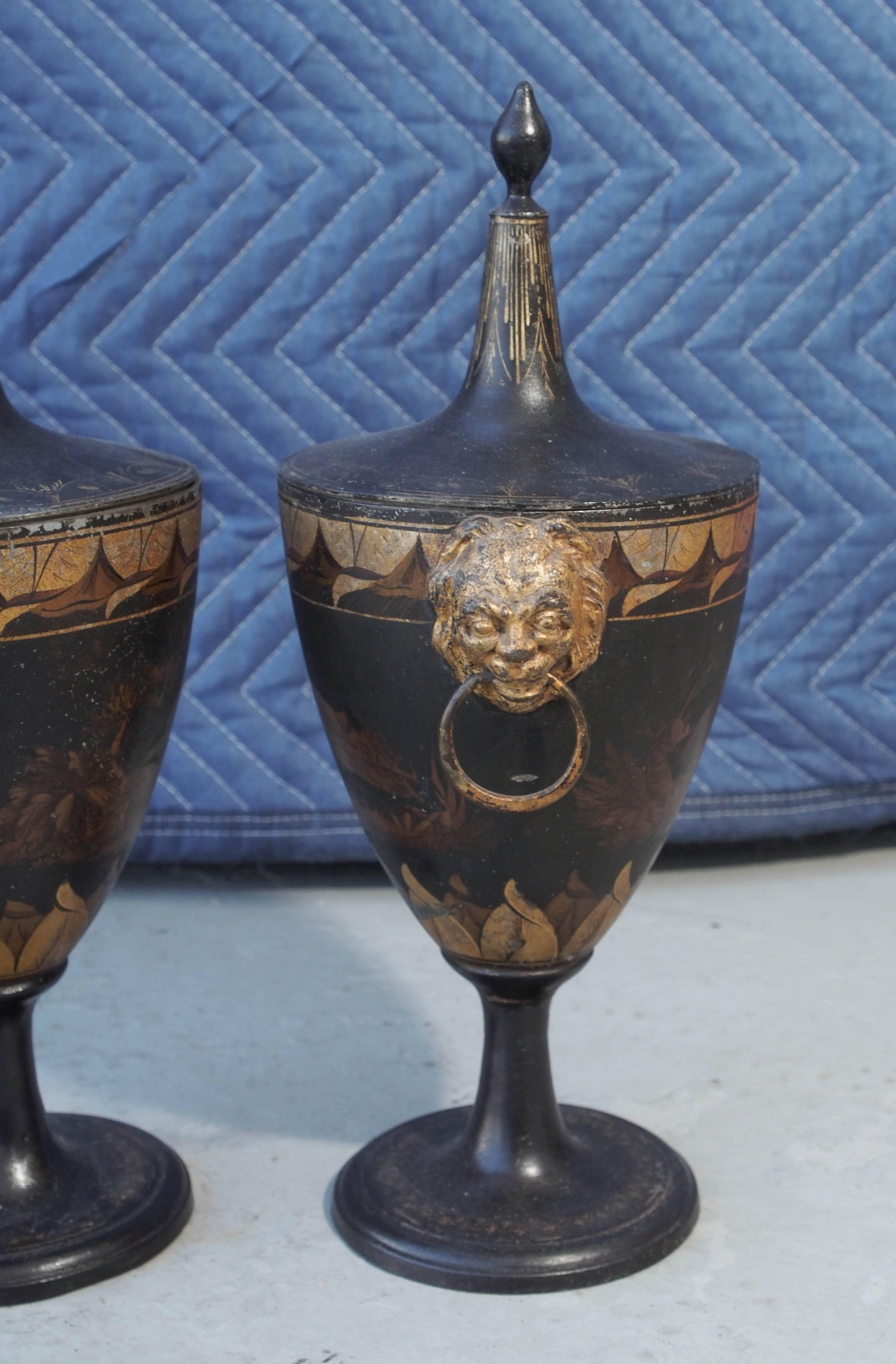 19th Century Pair of Tole Painted and Gilt Covered Chestnut Urns For Sale