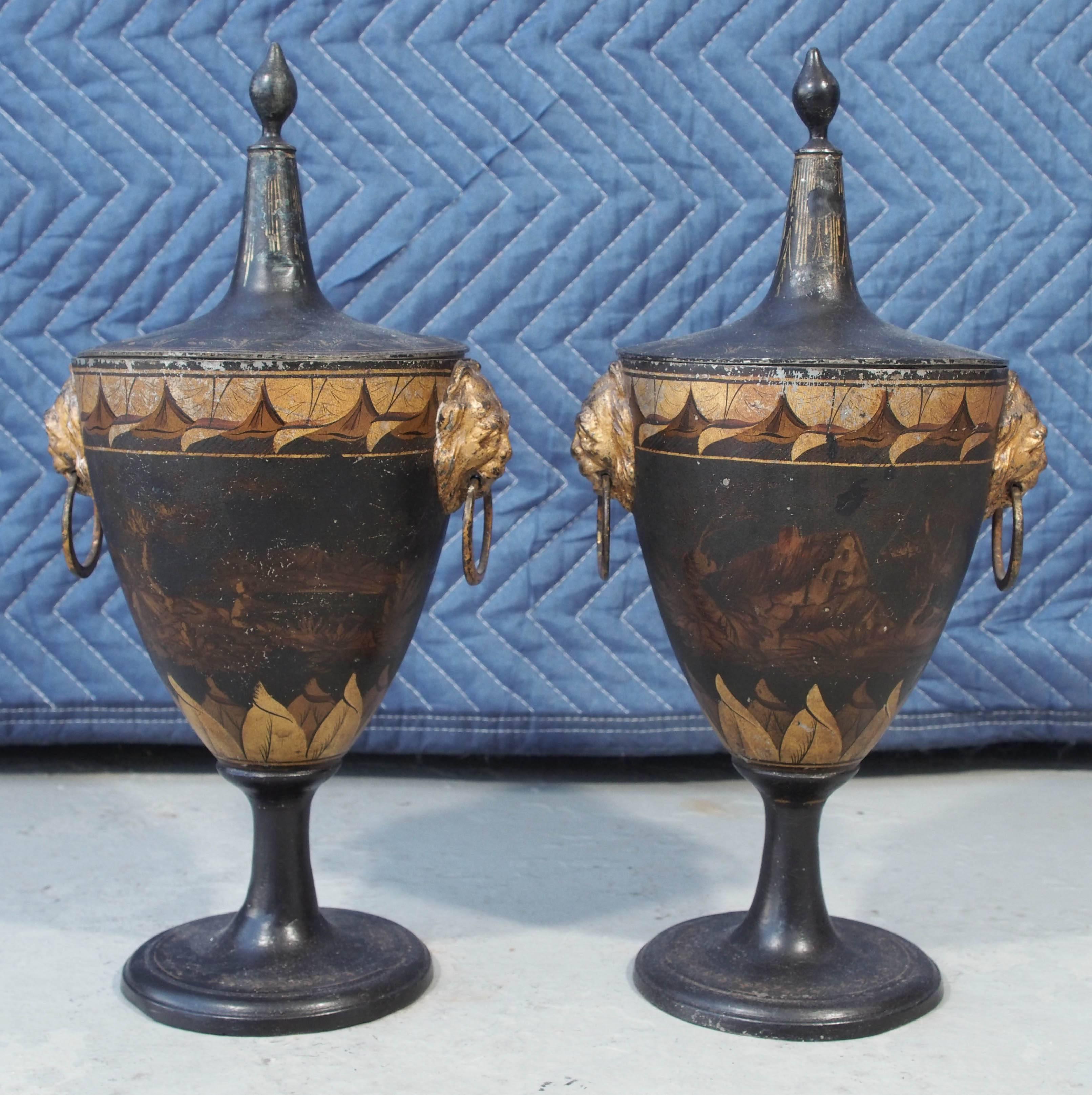 Pair of Tole Painted and Gilt Covered Chestnut Urns For Sale 2