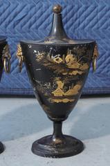 Pair of Early 19th Century Tole Piente Chestnut Urns with Chinoiserie Decoration