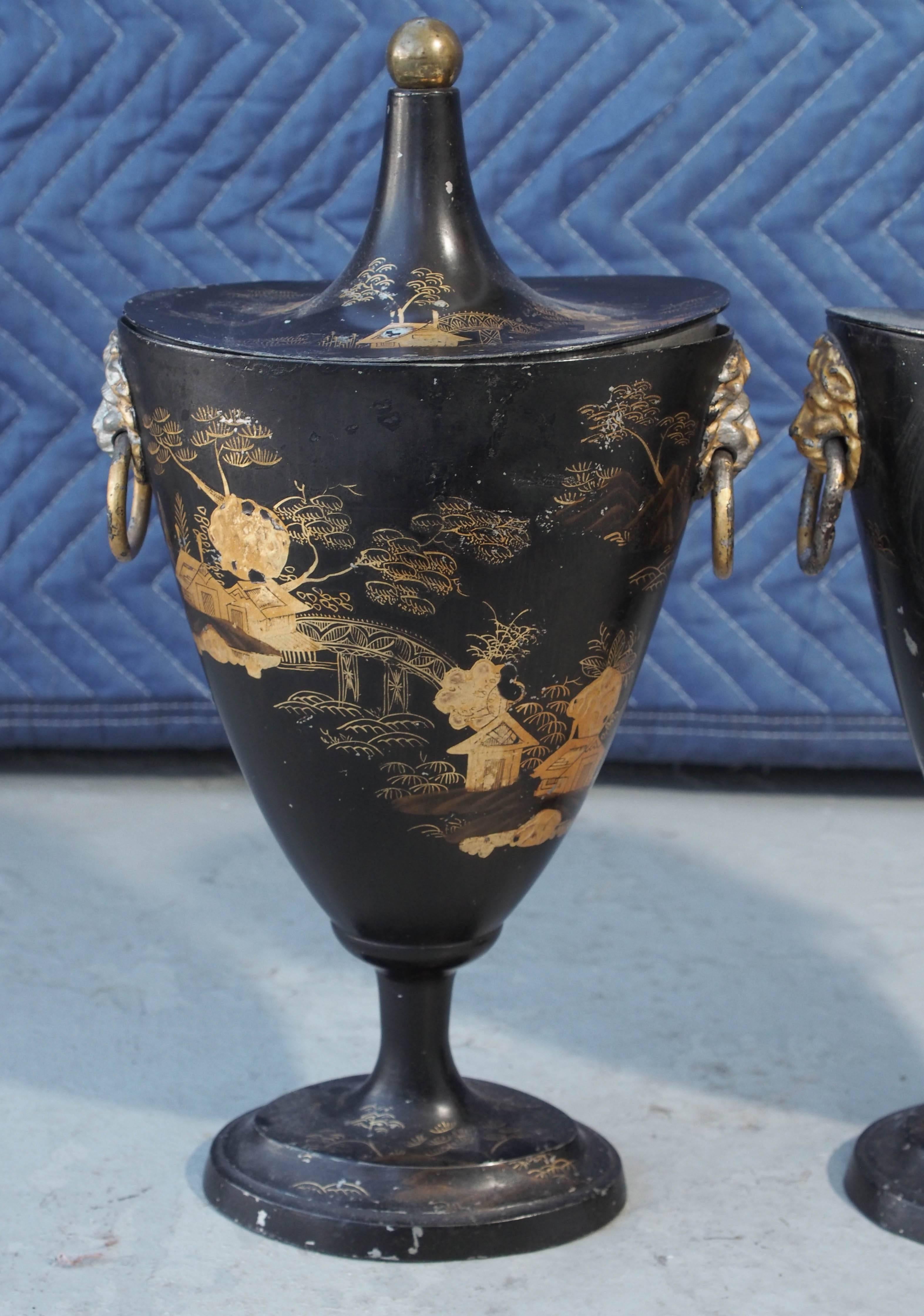Regency Pair of Early 19th Century Tole Piente Chestnut Urns with Chinoiserie Decoration For Sale