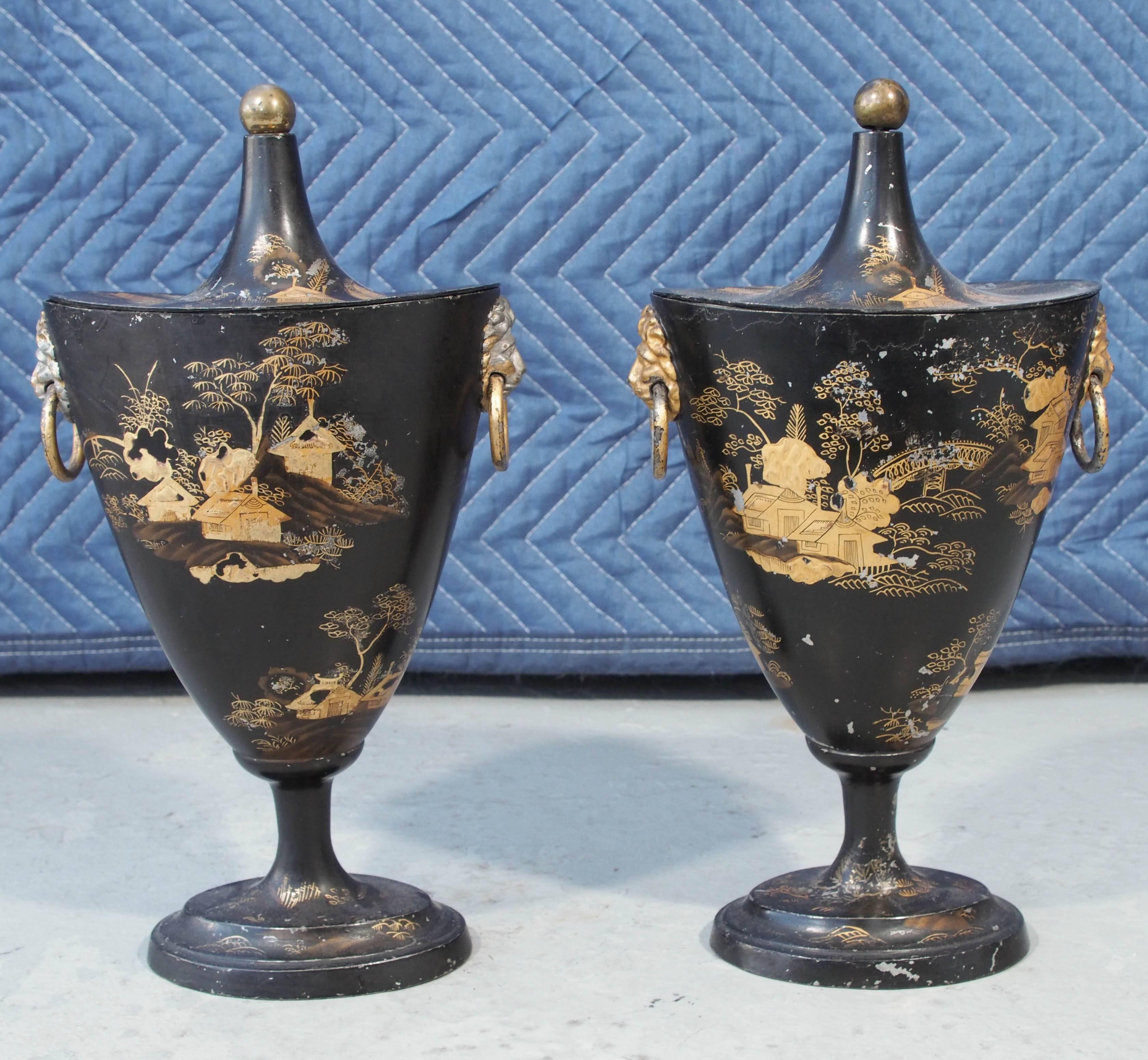 Pair of Early 19th Century Tole Piente Chestnut Urns with Chinoiserie Decoration For Sale 2