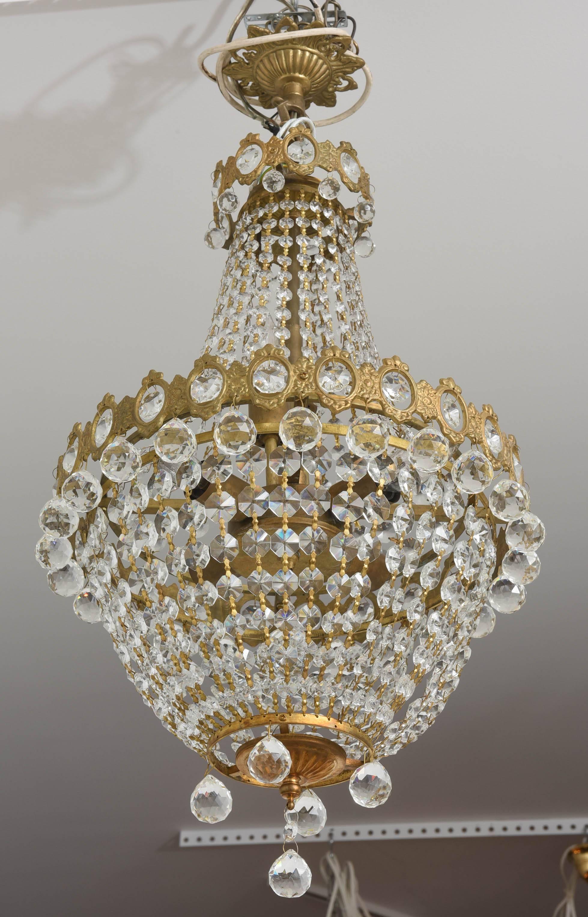 Hollywood Regency, Louis XVI Style Chandelier in Antique Brass and Crystals 2