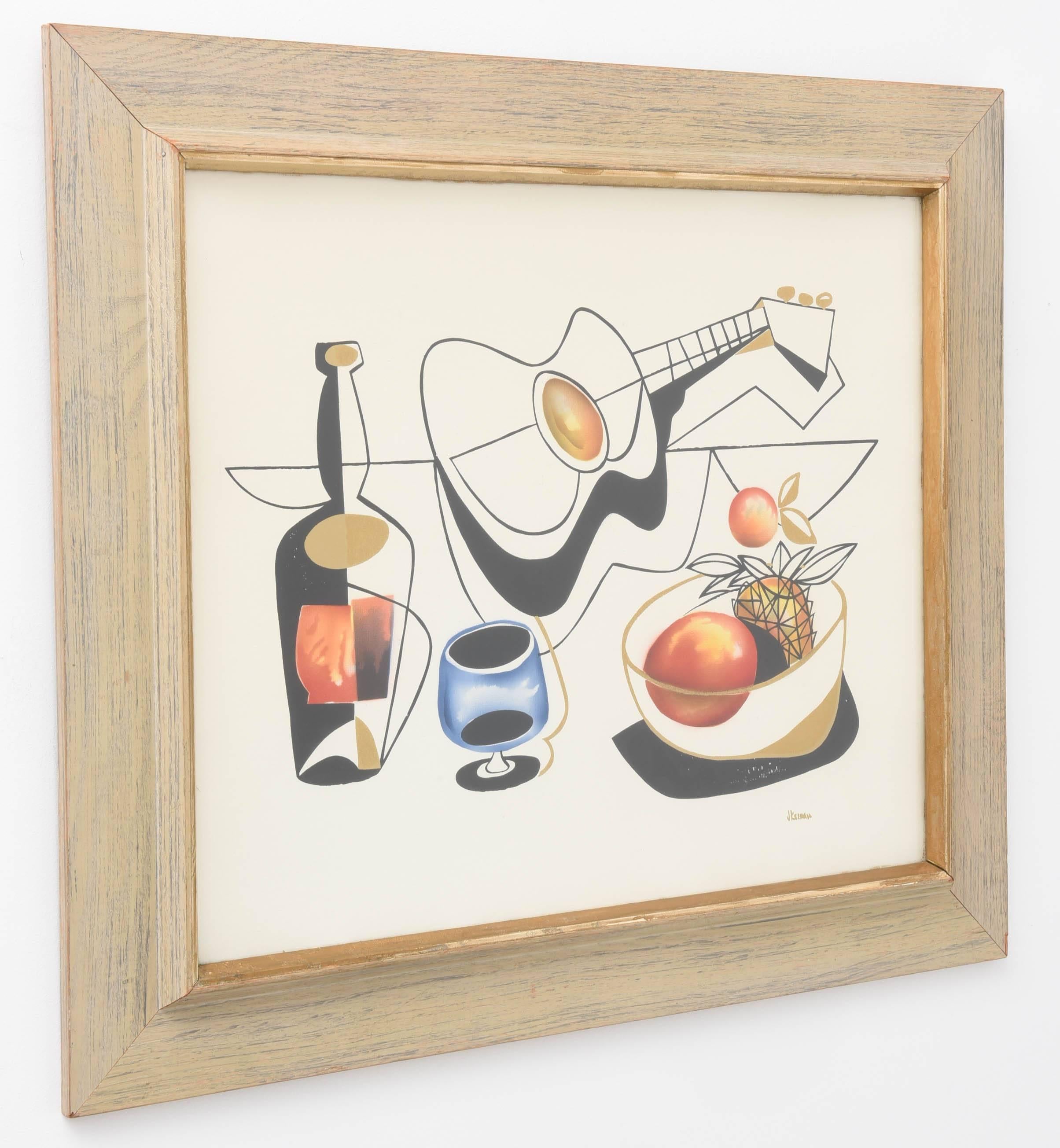 This Mid-Century Modern artwork was created in the 1950s by the British artist J. Keeman. Here Keeman has captured the "traditional still life" with his Midcentury interpretation. The piece is a mixed-media of watercolor and ink in colors