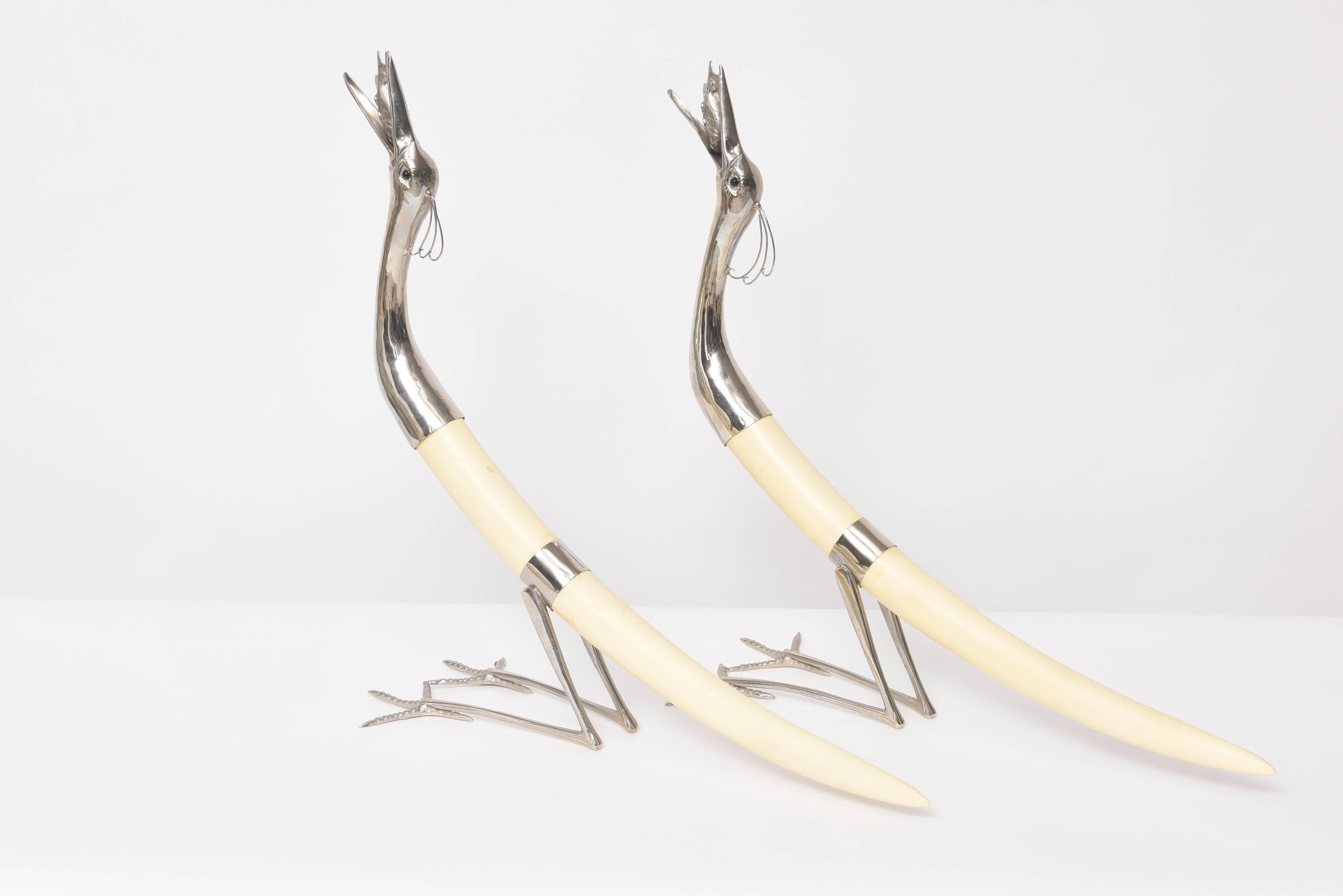 Pair of Hollywood-Regency Silver Plated Stylized Cranes with Fish and Resin Tusk 3