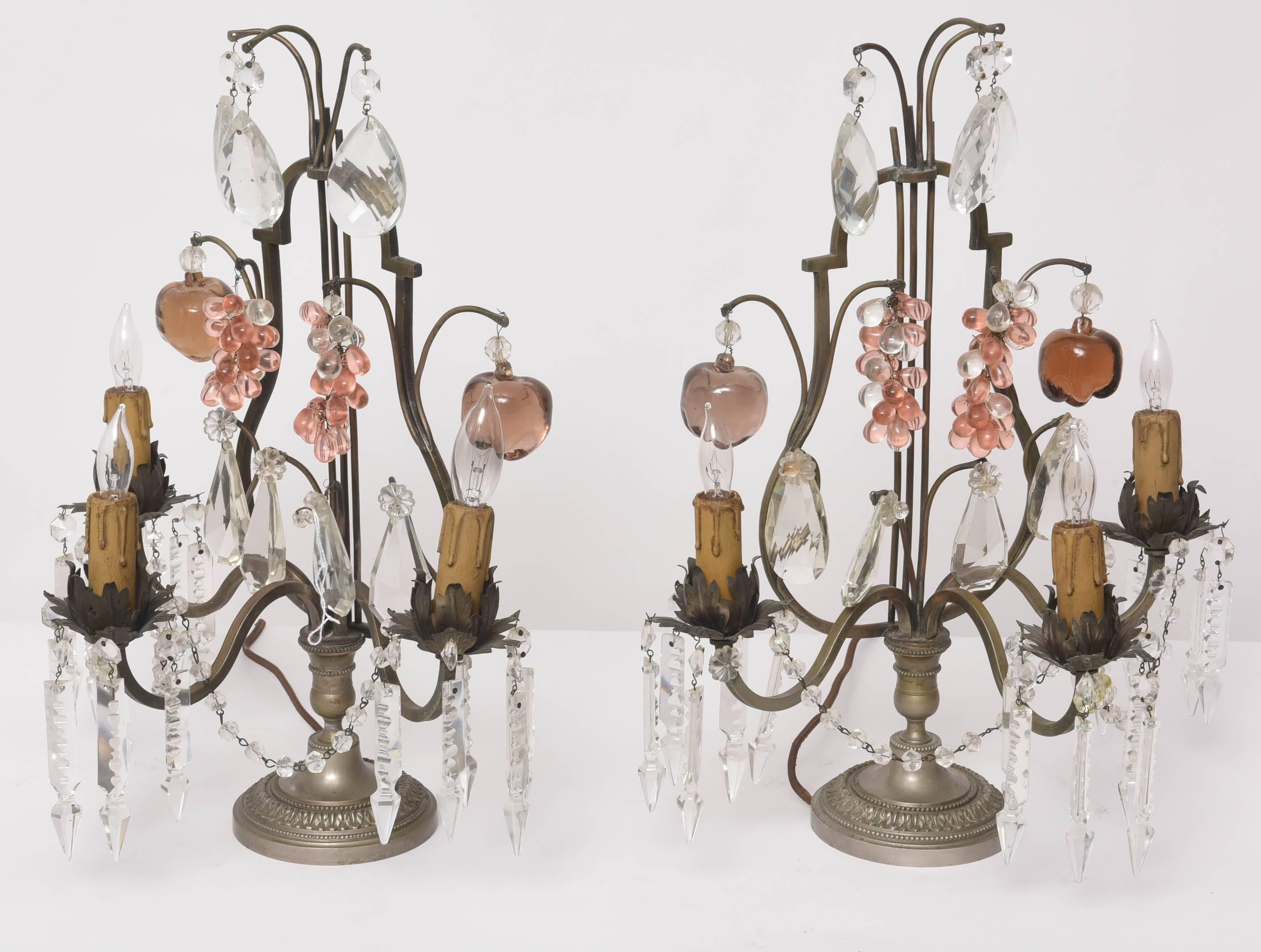 French Pair of Bronze and Crystal Louis XV Style Three-Light Girandoles