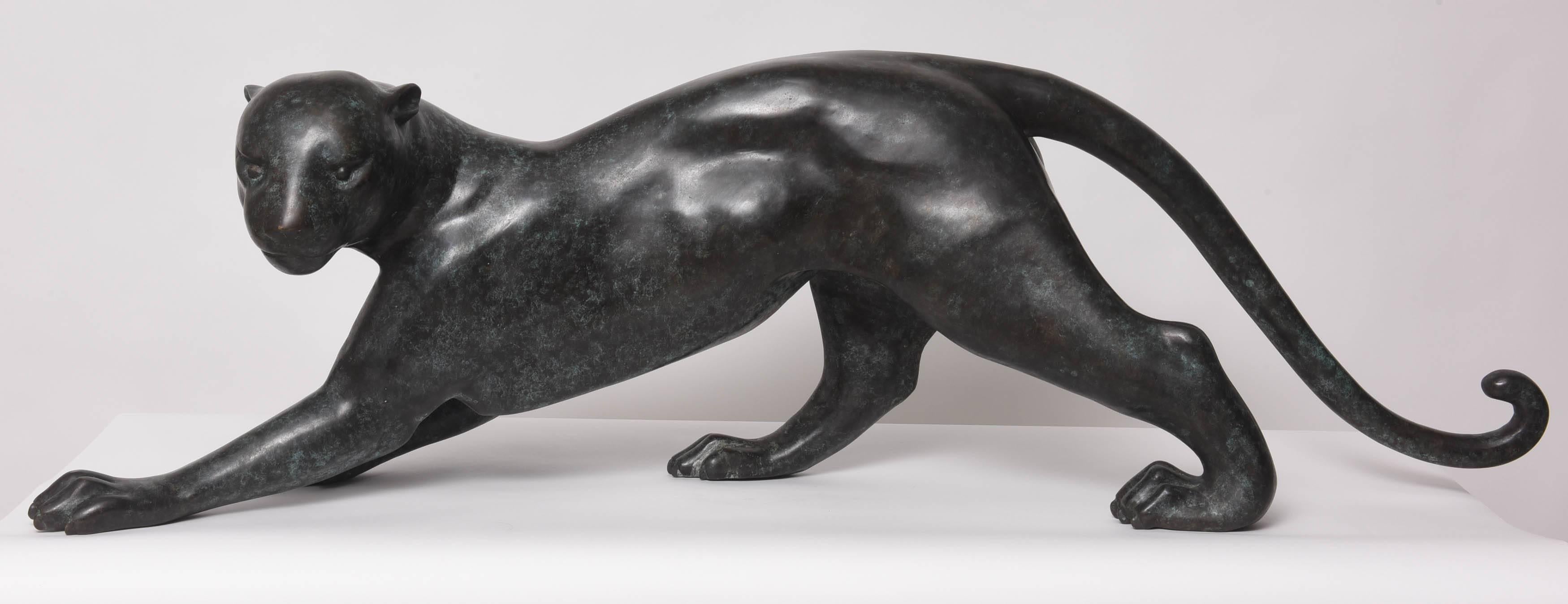 This monumental scaled bronze sculpture of a Florida panther is very much in the style of the American sculptor Wheeler Williams. They have a sleek Art Deco quality and will make the perfect addition to your garden.

The coloration is a