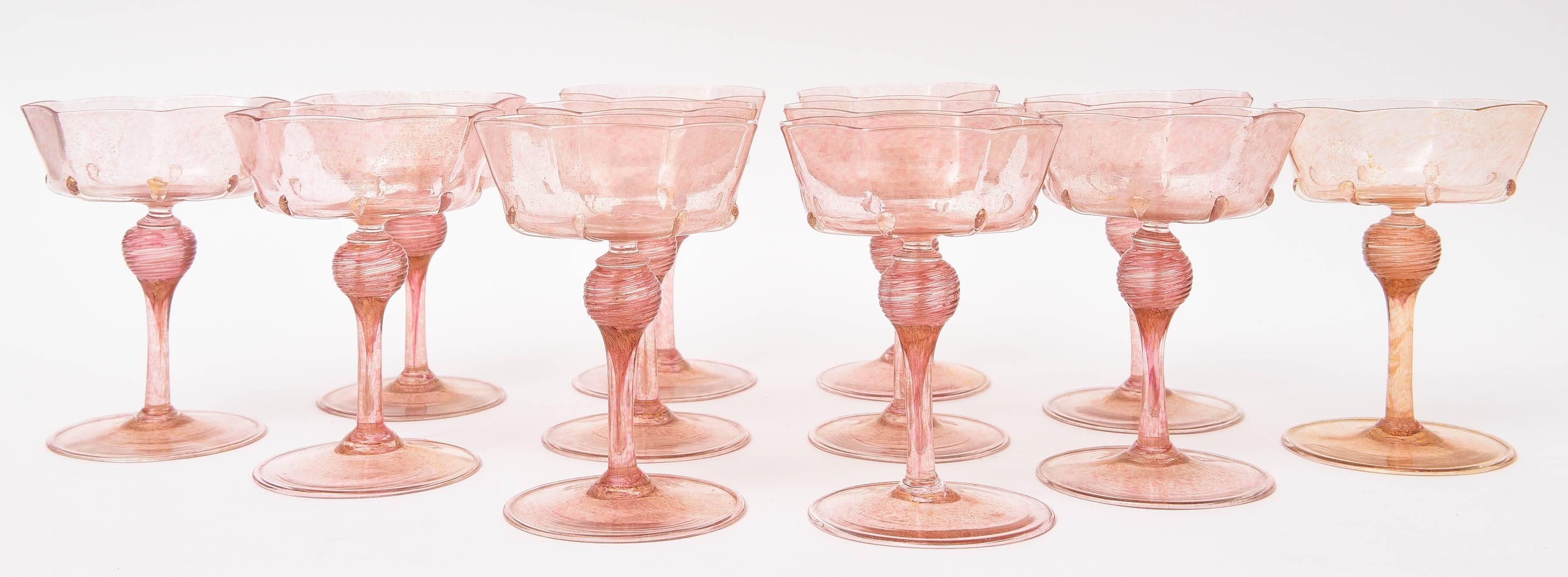 Italian 12 Venetian Champagne Goblets, Pretty Pink with 24kt Gold Inclusion