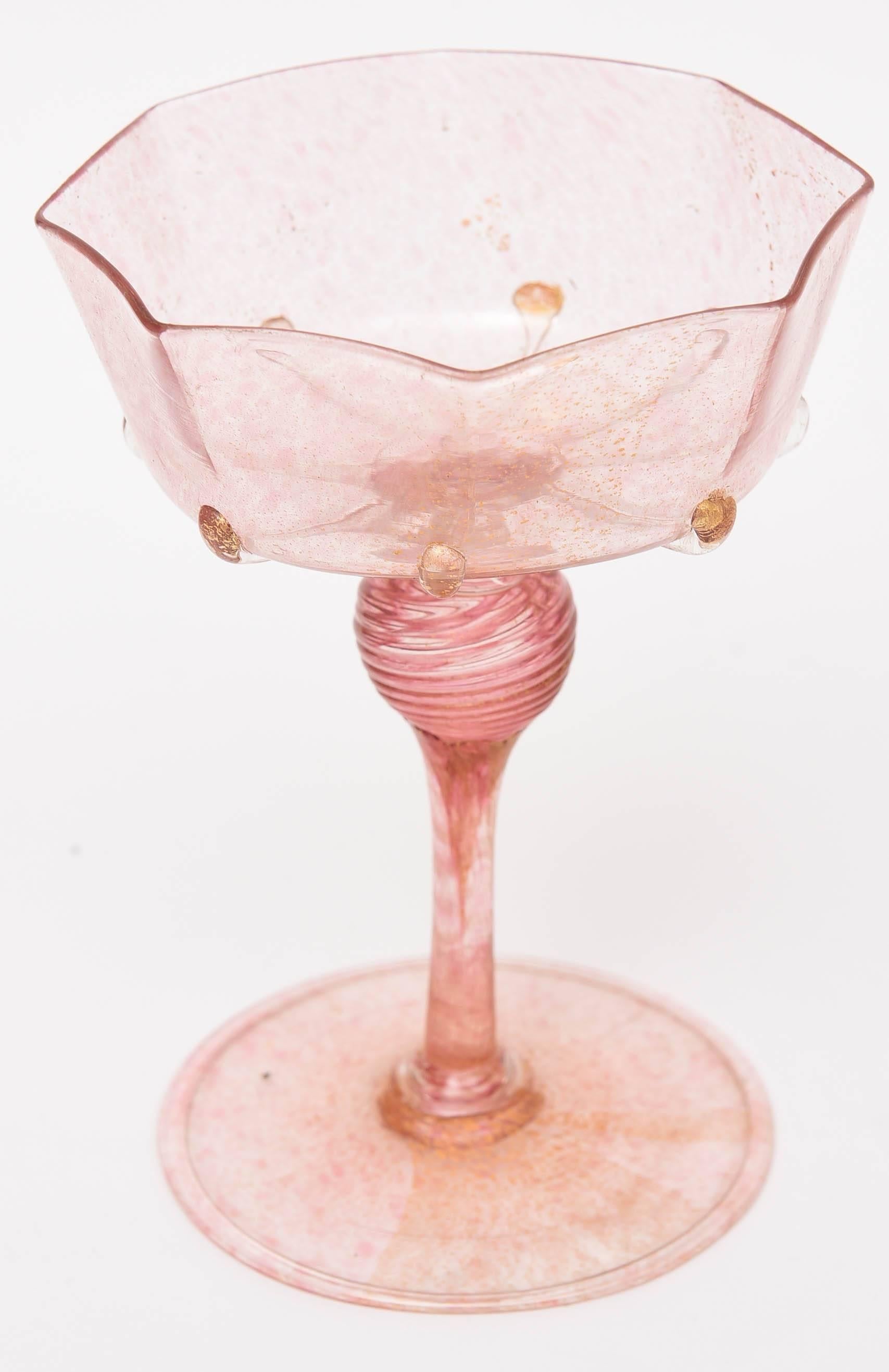 Hand-Crafted 12 Venetian Champagne Goblets, Pretty Pink with 24kt Gold Inclusion