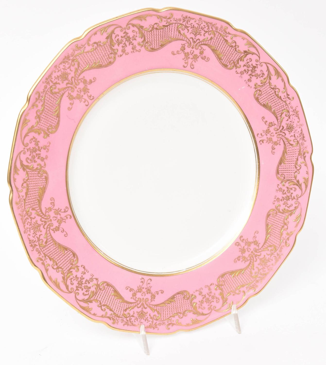 12 Antique Dinner Plates with Raised Gold on Pink, Royal Doulton