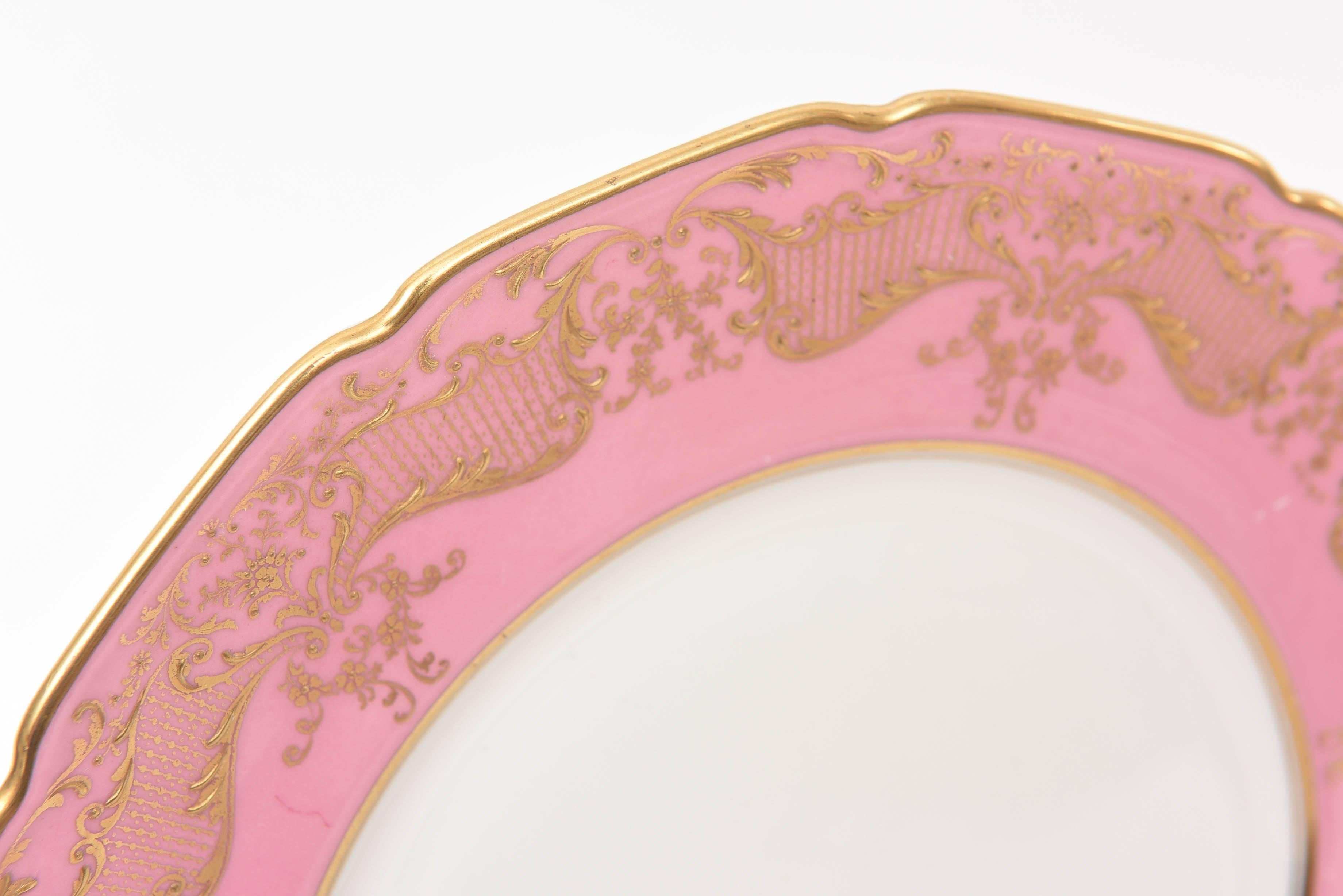 12 Antique Dinner Plates With Raised Gold On Pink Royal Doulton