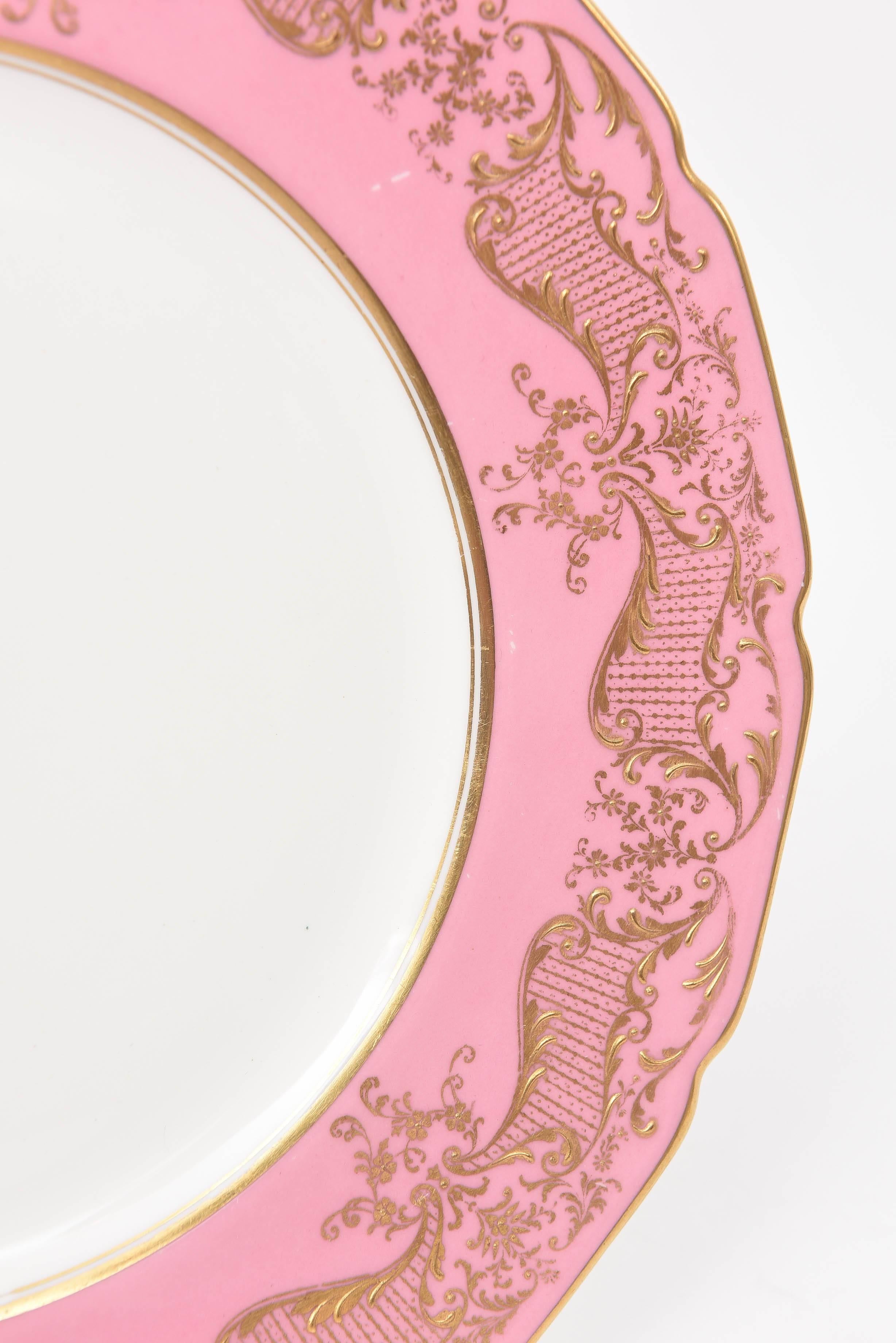 12 Antique Dinner Plates with Raised Gold on Pink, Royal Doulton