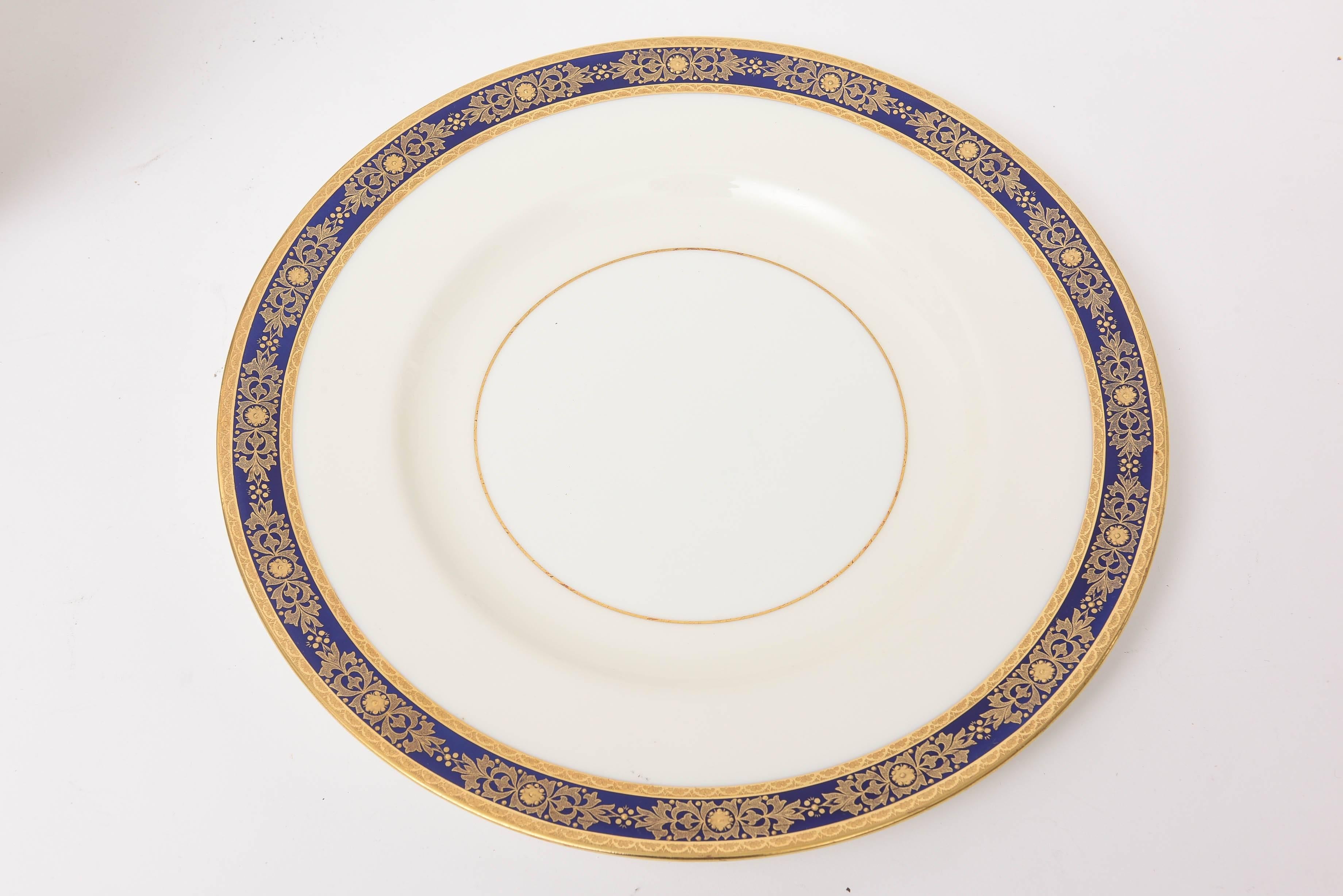 English 12 Cobalt Blue and Raised Gilt Dinner Plates, Minton, England for Tiffany