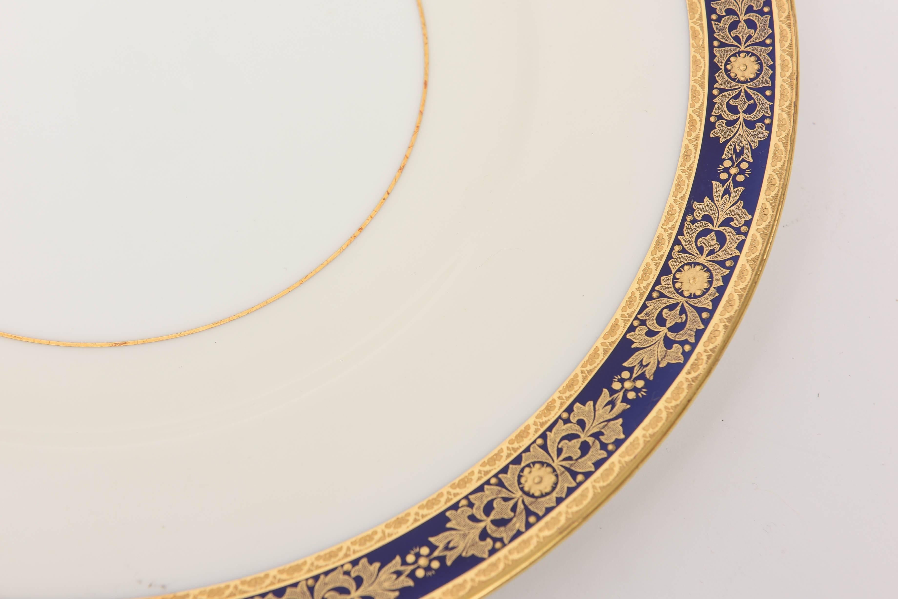 Hand-Crafted 12 Cobalt Blue and Raised Gilt Dinner Plates, Minton, England for Tiffany