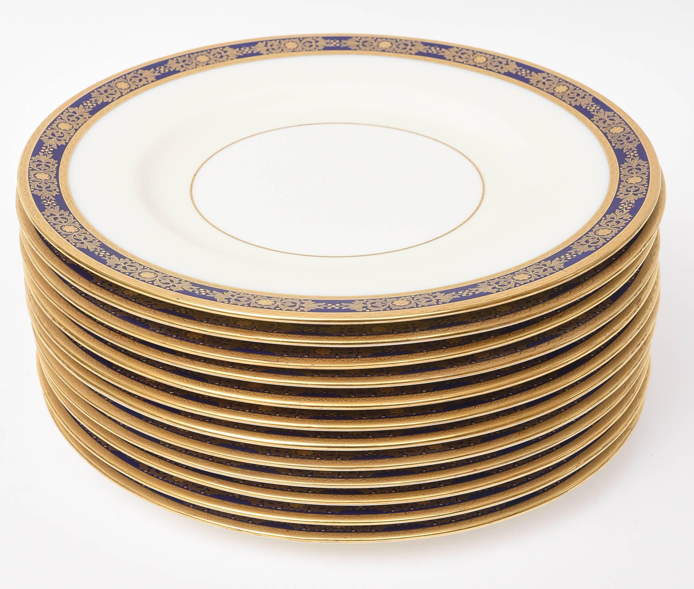 Early 20th Century 12 Cobalt Blue and Raised Gilt Dinner Plates, Minton, England for Tiffany