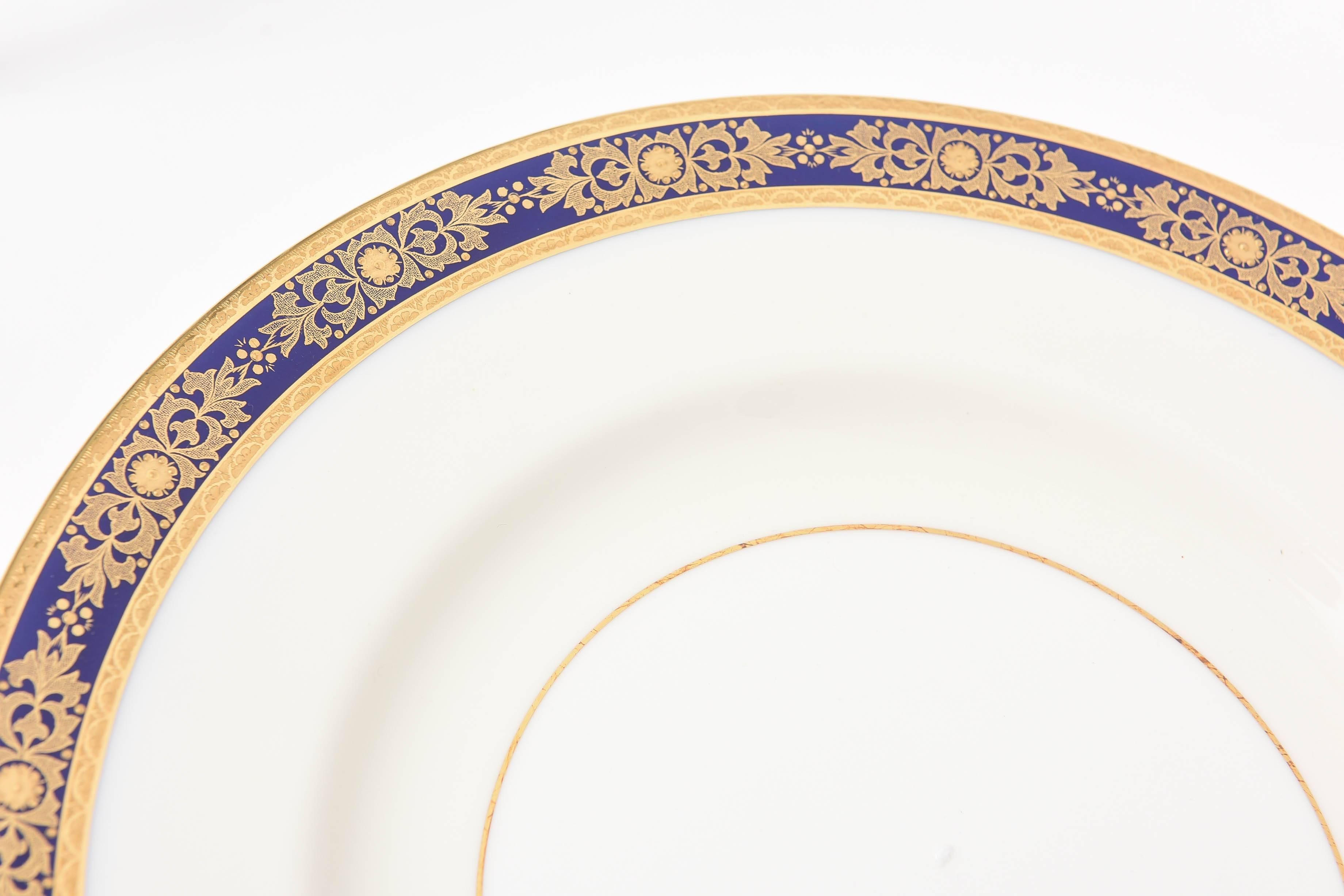 Gold 12 Cobalt Blue and Raised Gilt Dinner Plates, Minton, England for Tiffany