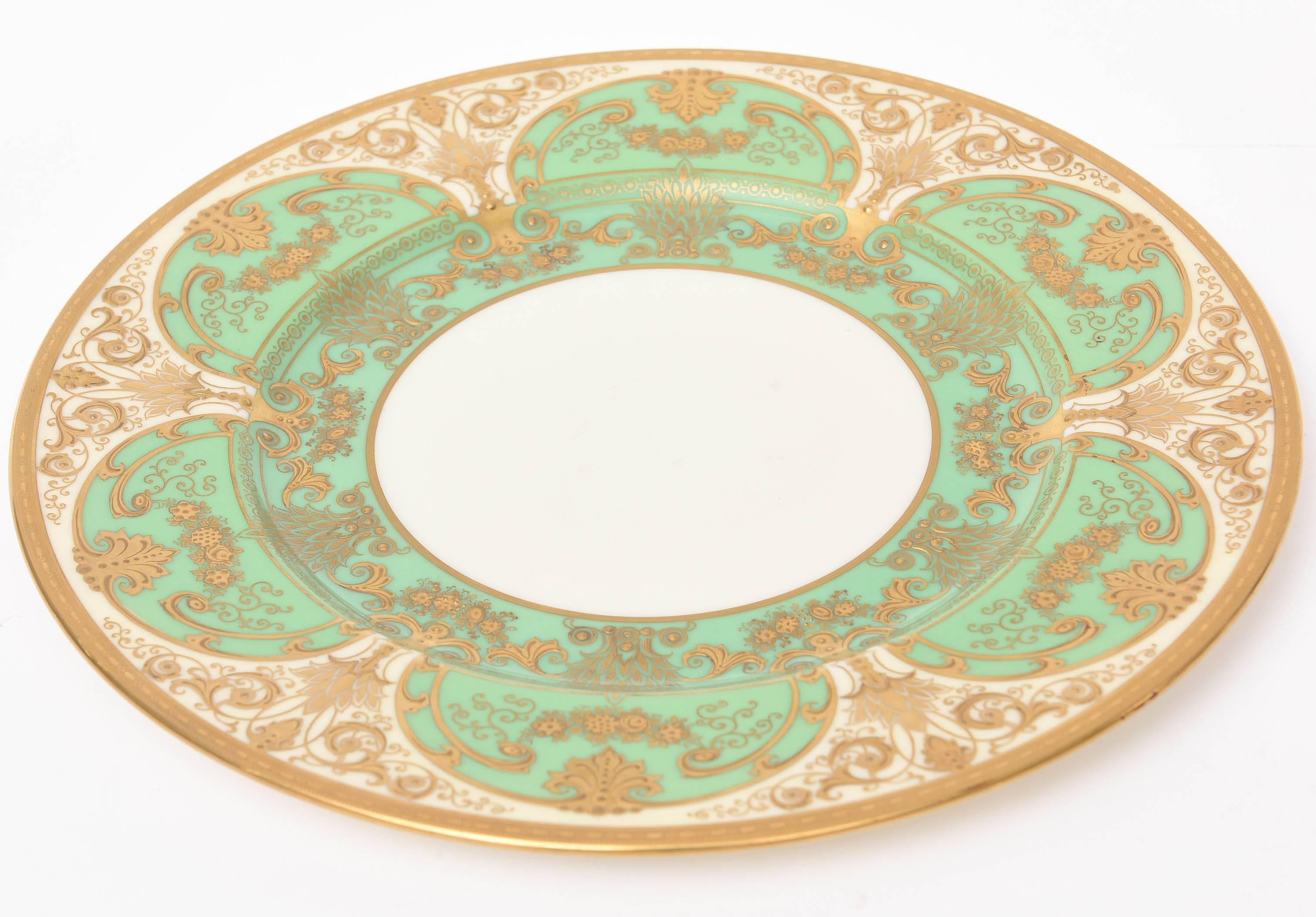 American 12 Elaborate Green and Raised Gold Encrusted Presentation or Dinner Plates