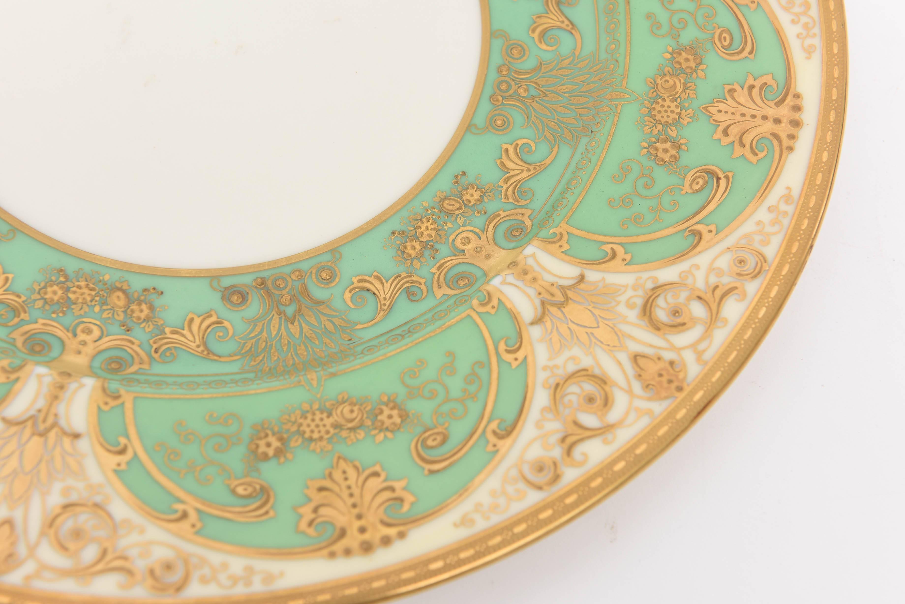 Hand-Crafted 12 Elaborate Green and Raised Gold Encrusted Presentation or Dinner Plates